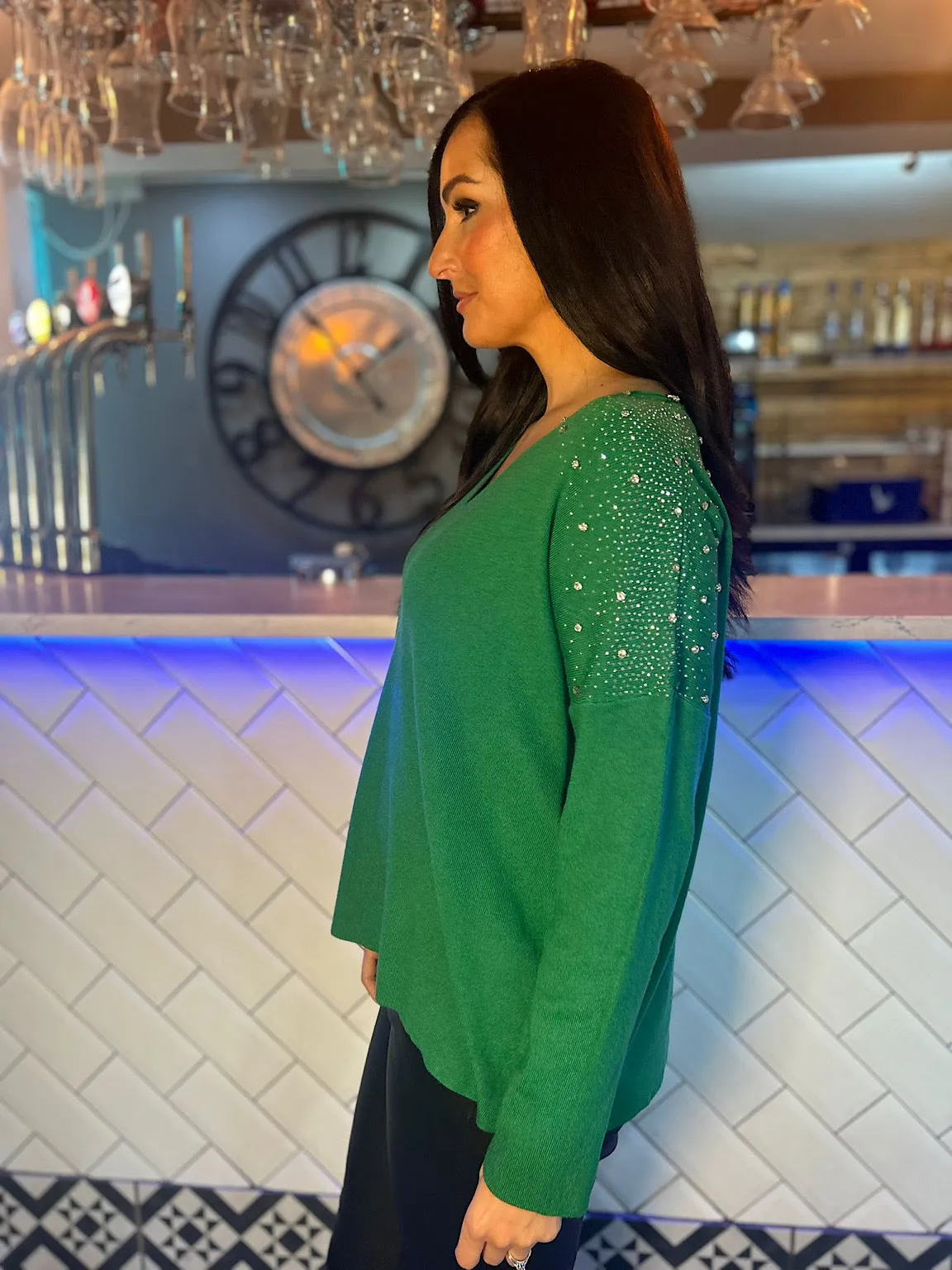 Green Sparkle Shoulder Knit Top - Khloe