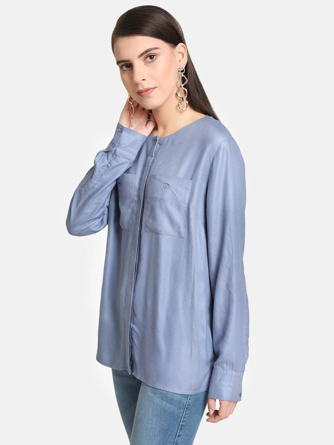 Hidden Placket Round Neck Shirt