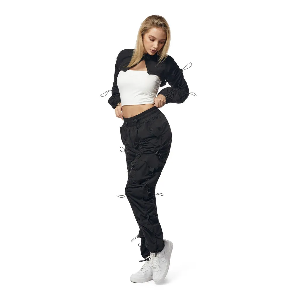 High Rise Multi Bungee Windbreaker Joggers - Black