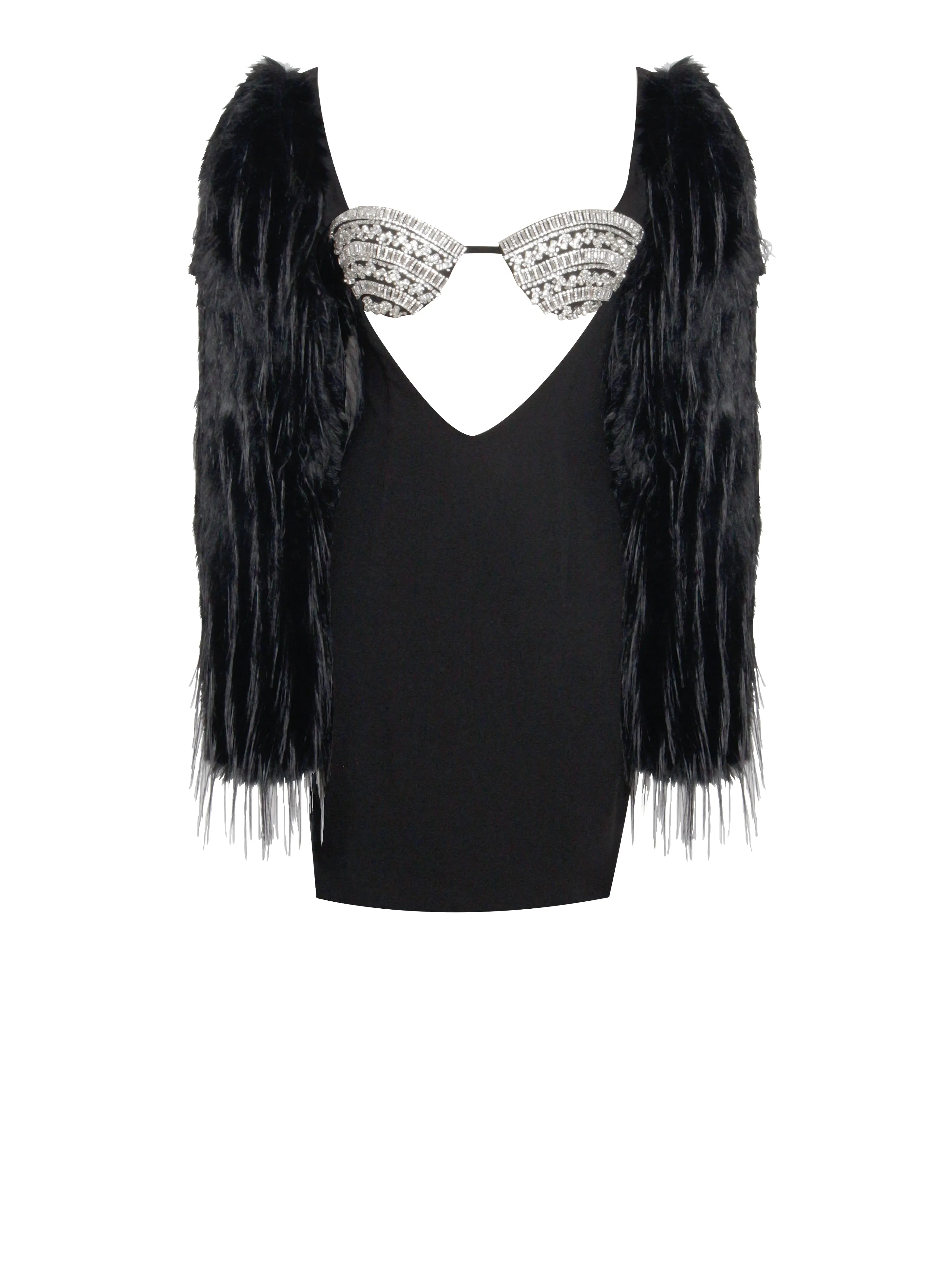 Idonea Black Faux Fur Sleeve Crystal Bustier Dress