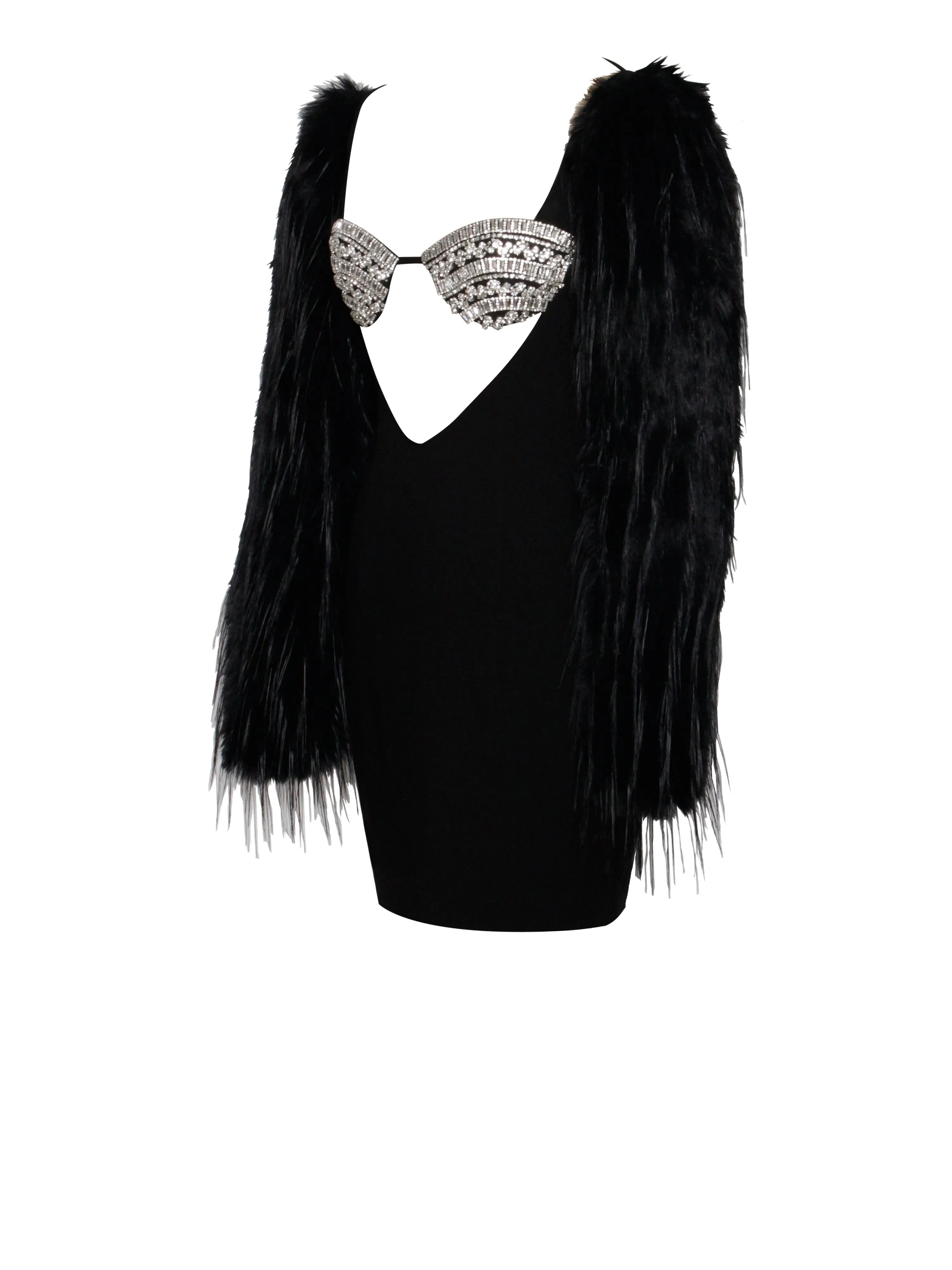 Idonea Black Faux Fur Sleeve Crystal Bustier Dress