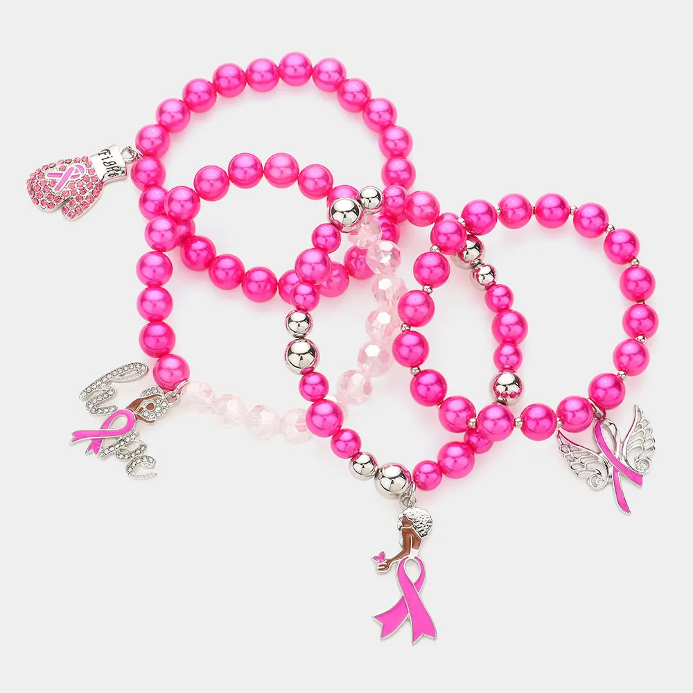 iLLASPARKZ 4PCS Pink Ribbon Pointed Glove Afro Girl Angel Wing Hope Message Pearl Stretch Bracelets