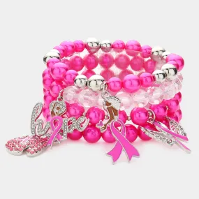 iLLASPARKZ 4PCS Pink Ribbon Pointed Glove Afro Girl Angel Wing Hope Message Pearl Stretch Bracelets