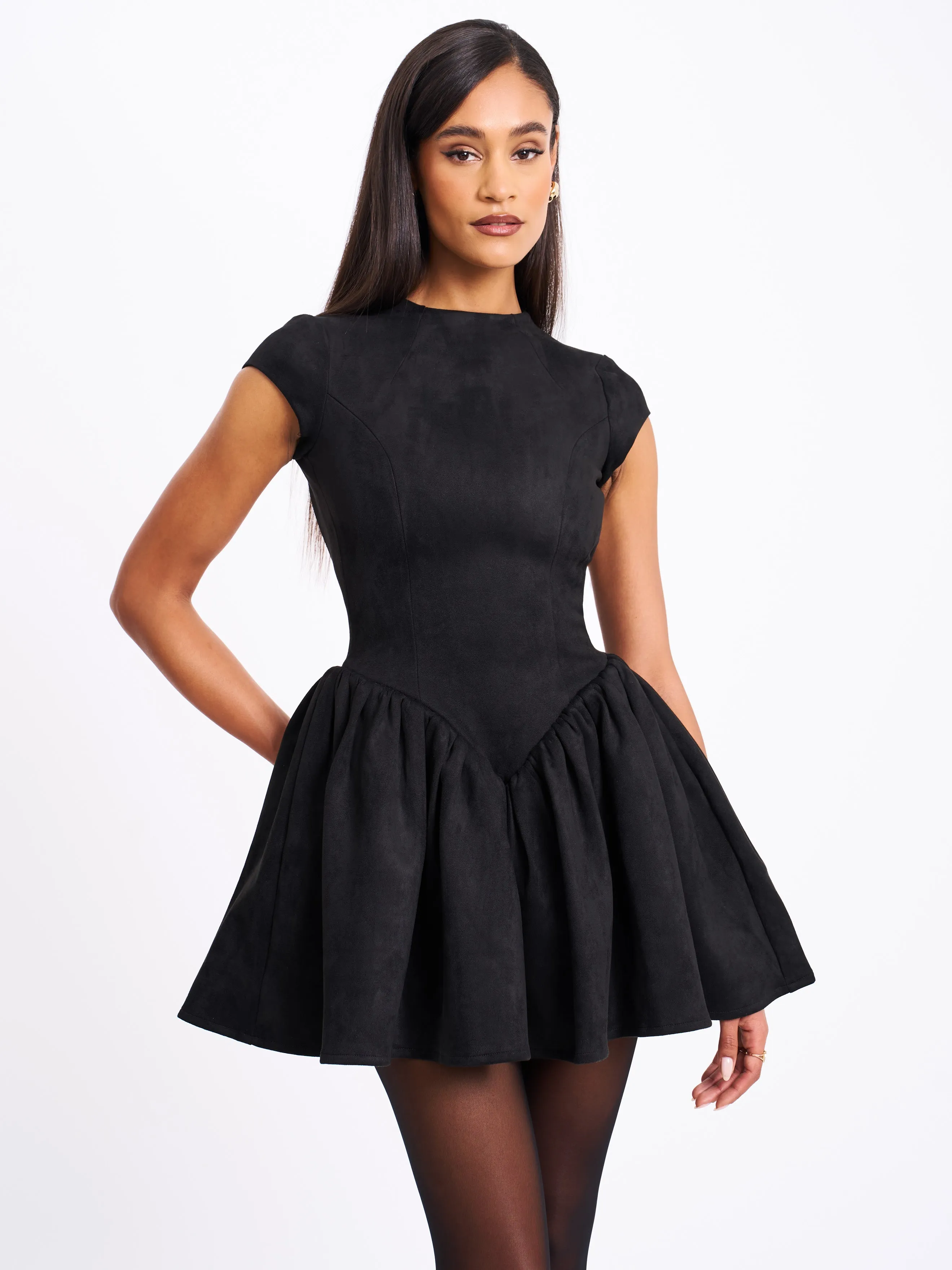 Jacqueline Backless Black Mini Puffy Suede Dress