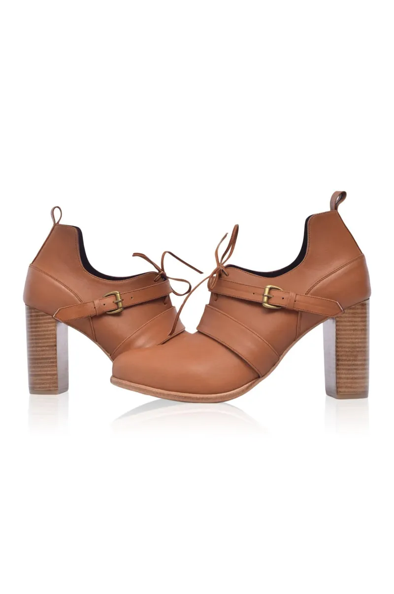 Josephine Camel Vintage Leather Lace-up Heels