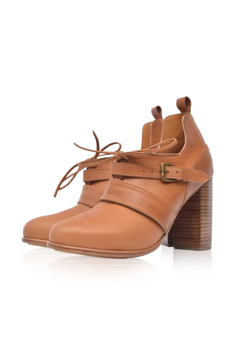 Josephine Camel Vintage Leather Lace-up Heels