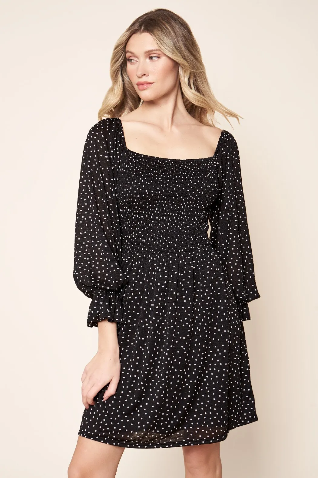 Kailyn Polka Dot Smocked Off the Shoulder Knit Mini Dress