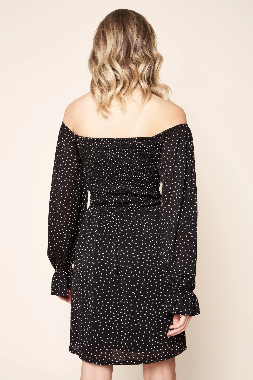 Kailyn Polka Dot Smocked Off the Shoulder Knit Mini Dress