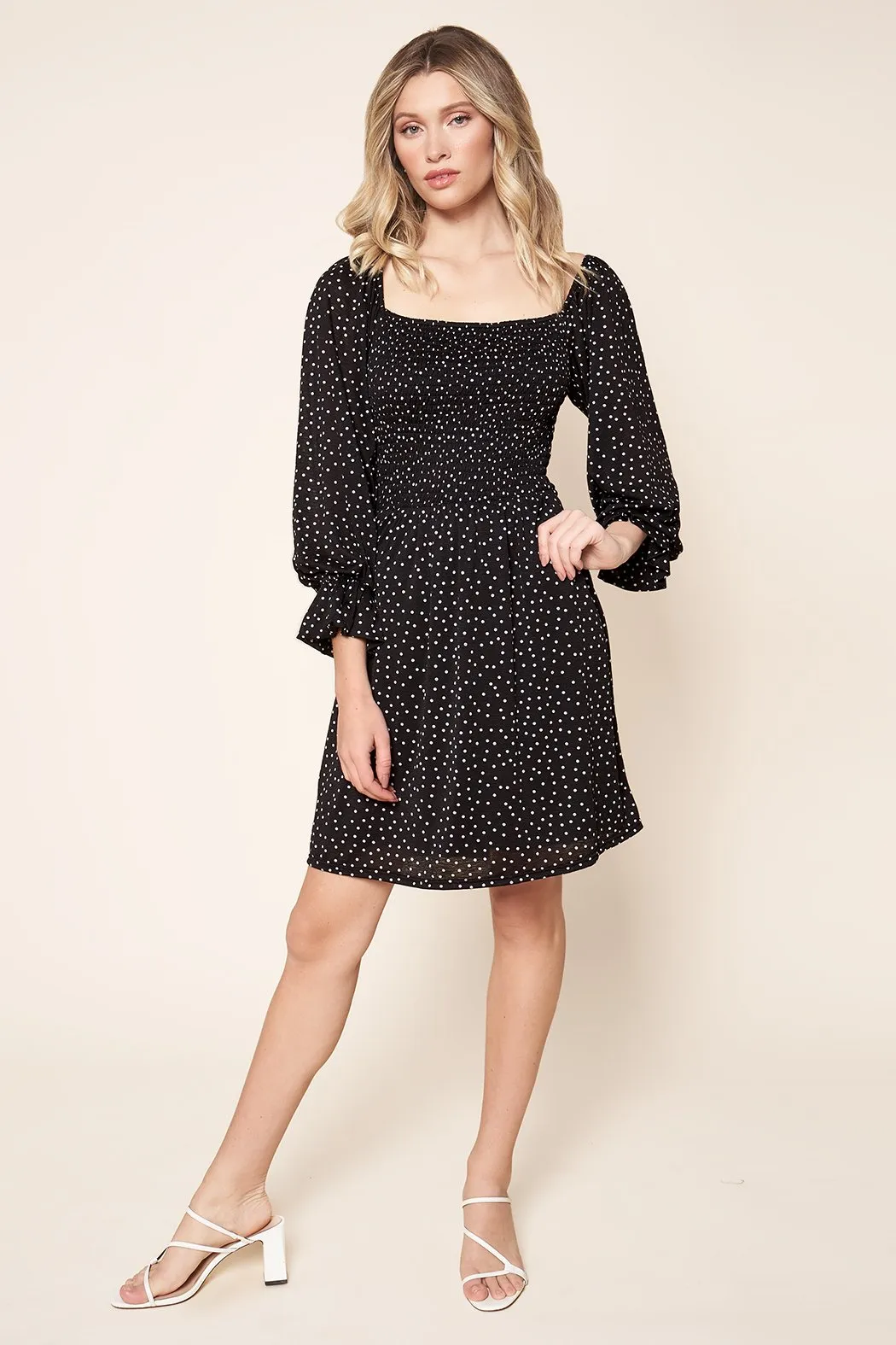 Kailyn Polka Dot Smocked Off the Shoulder Knit Mini Dress