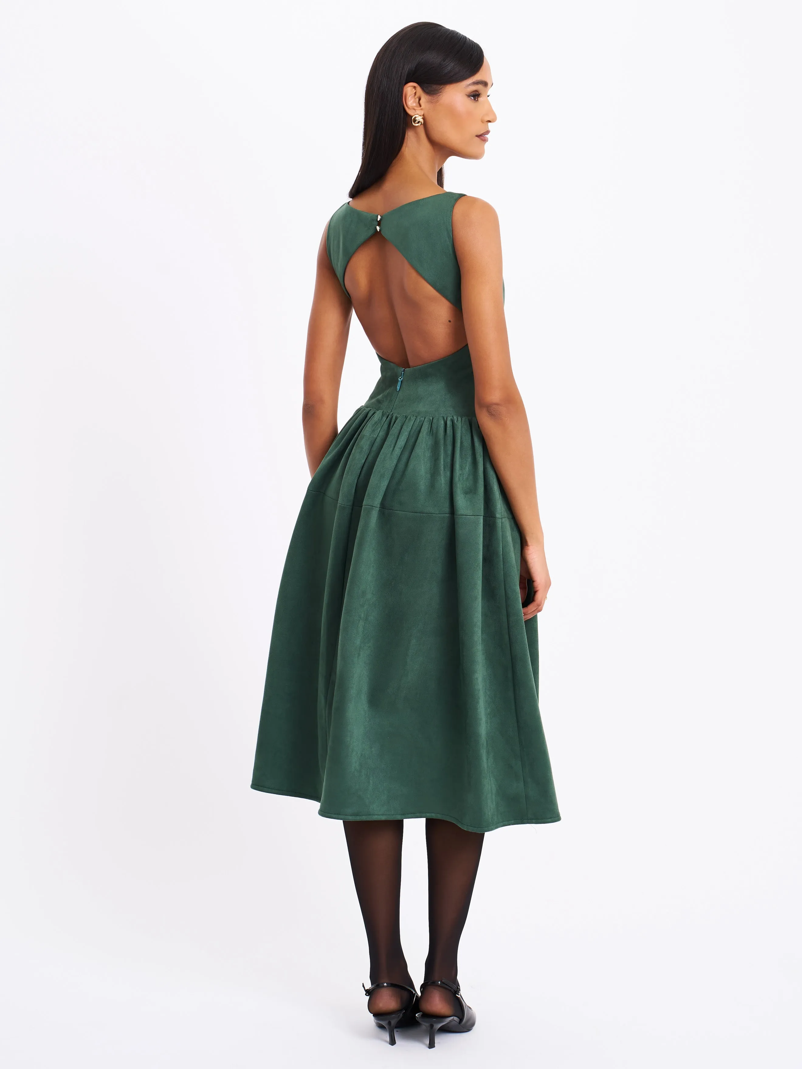 Laila Green Suede Boat Neck Backless Midi Dress