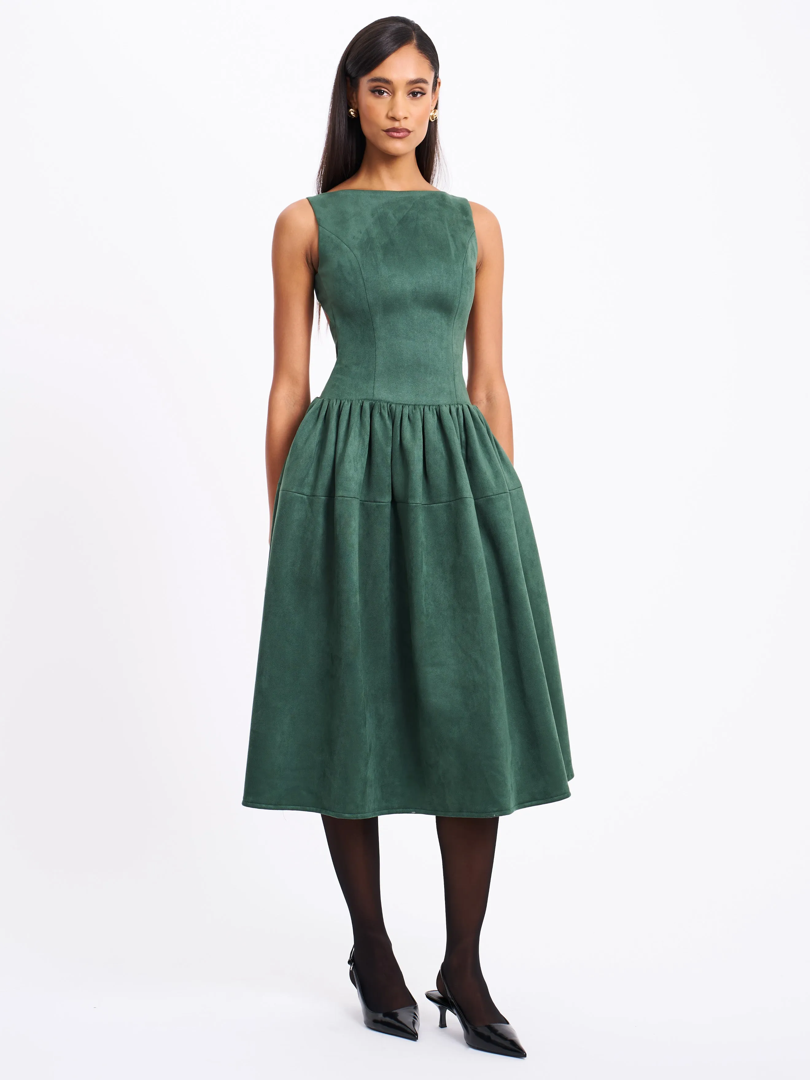 Laila Green Suede Boat Neck Backless Midi Dress