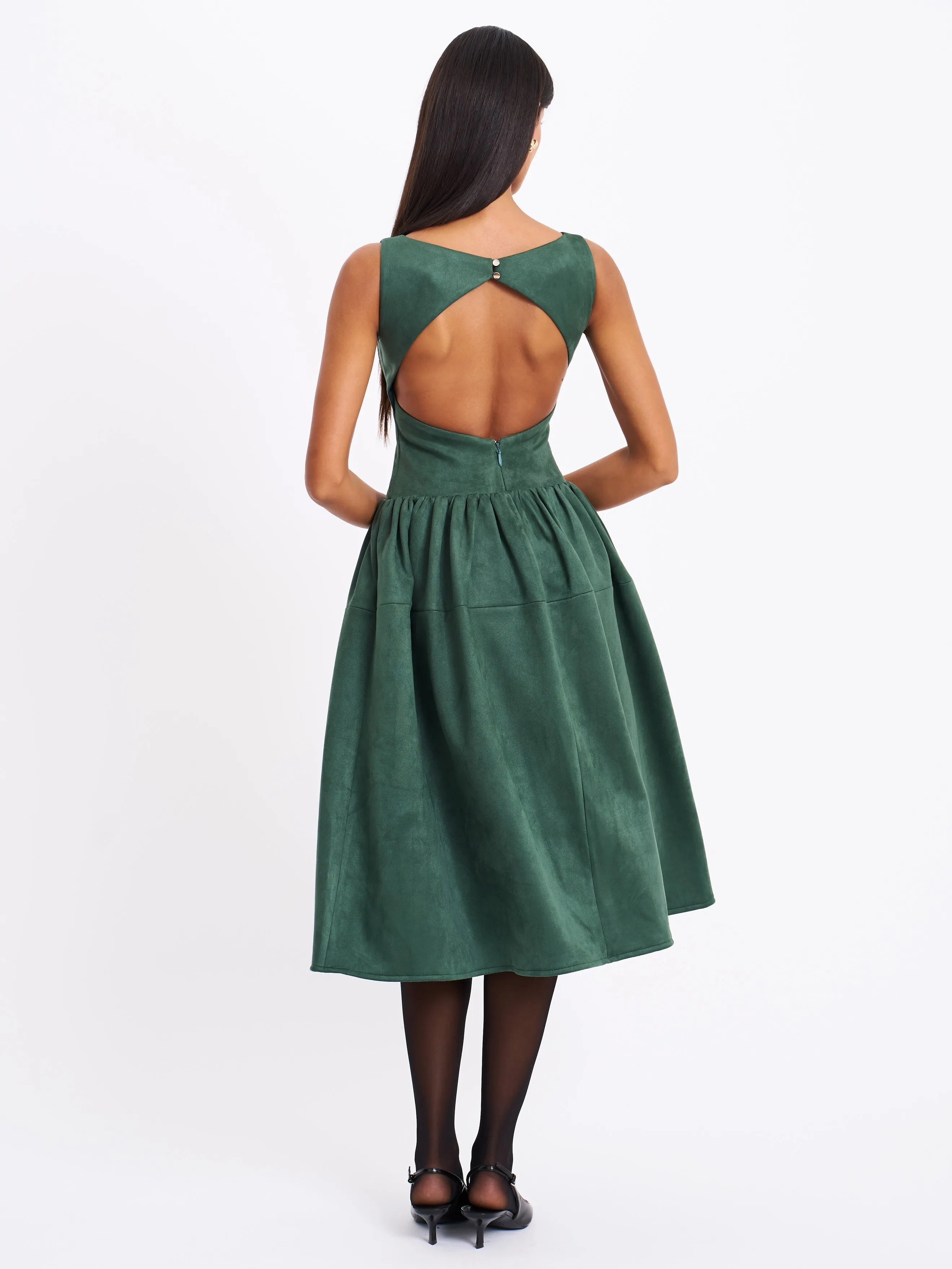 Laila Green Suede Boat Neck Backless Midi Dress