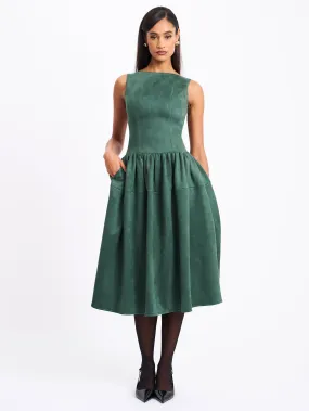 Laila Green Suede Boat Neck Backless Midi Dress