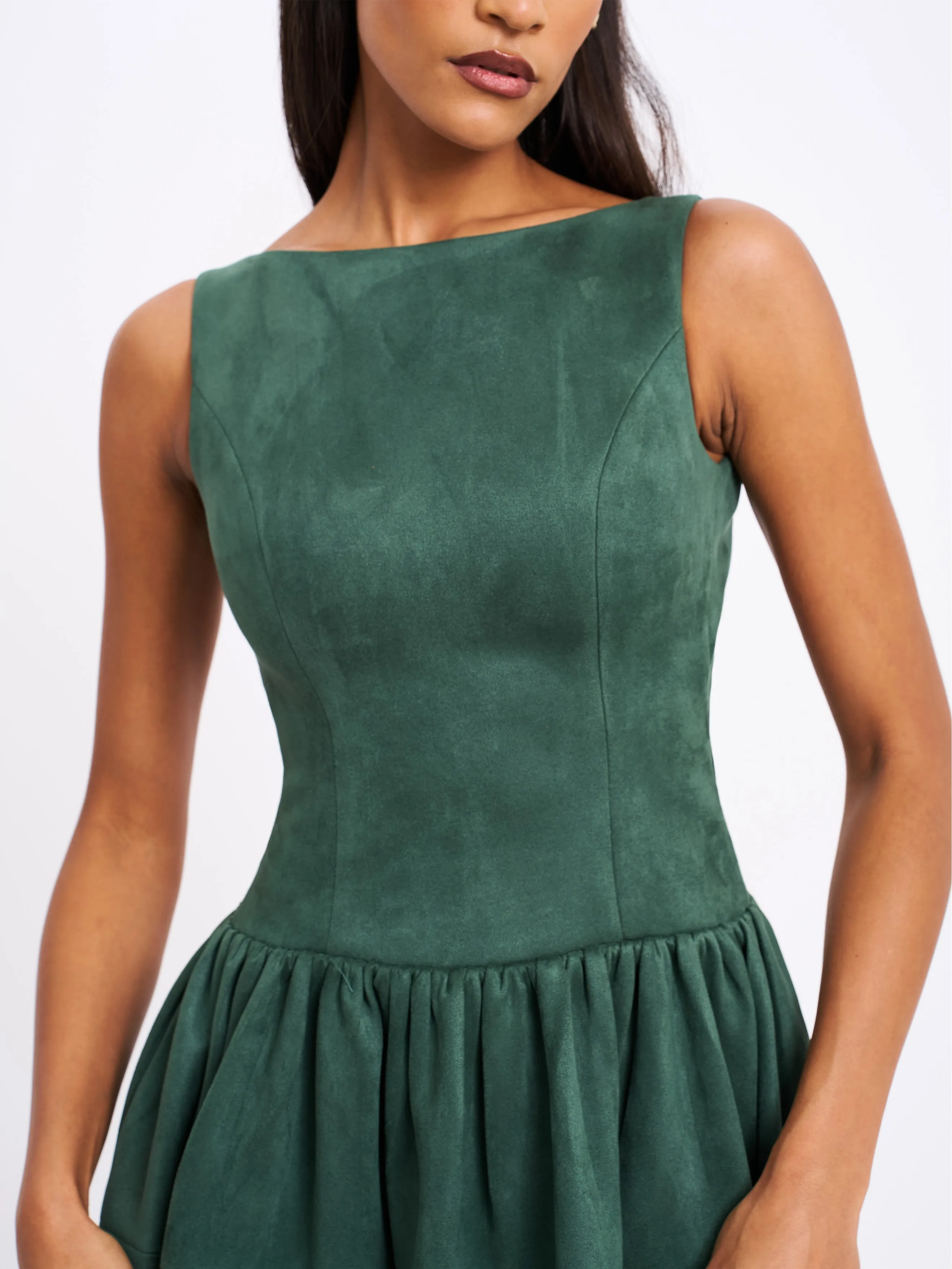 Laila Green Suede Boat Neck Backless Midi Dress