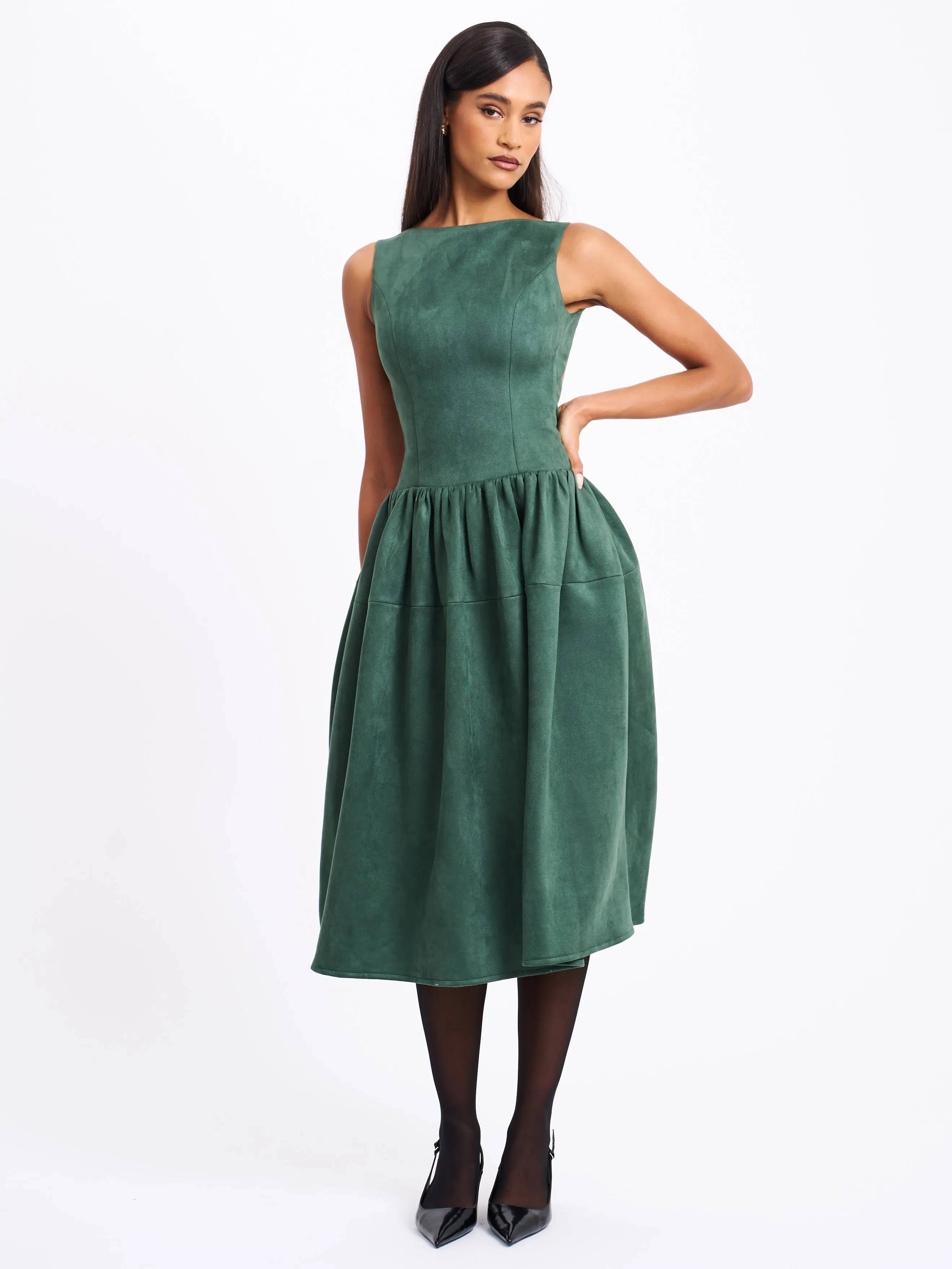 Laila Green Suede Boat Neck Backless Midi Dress