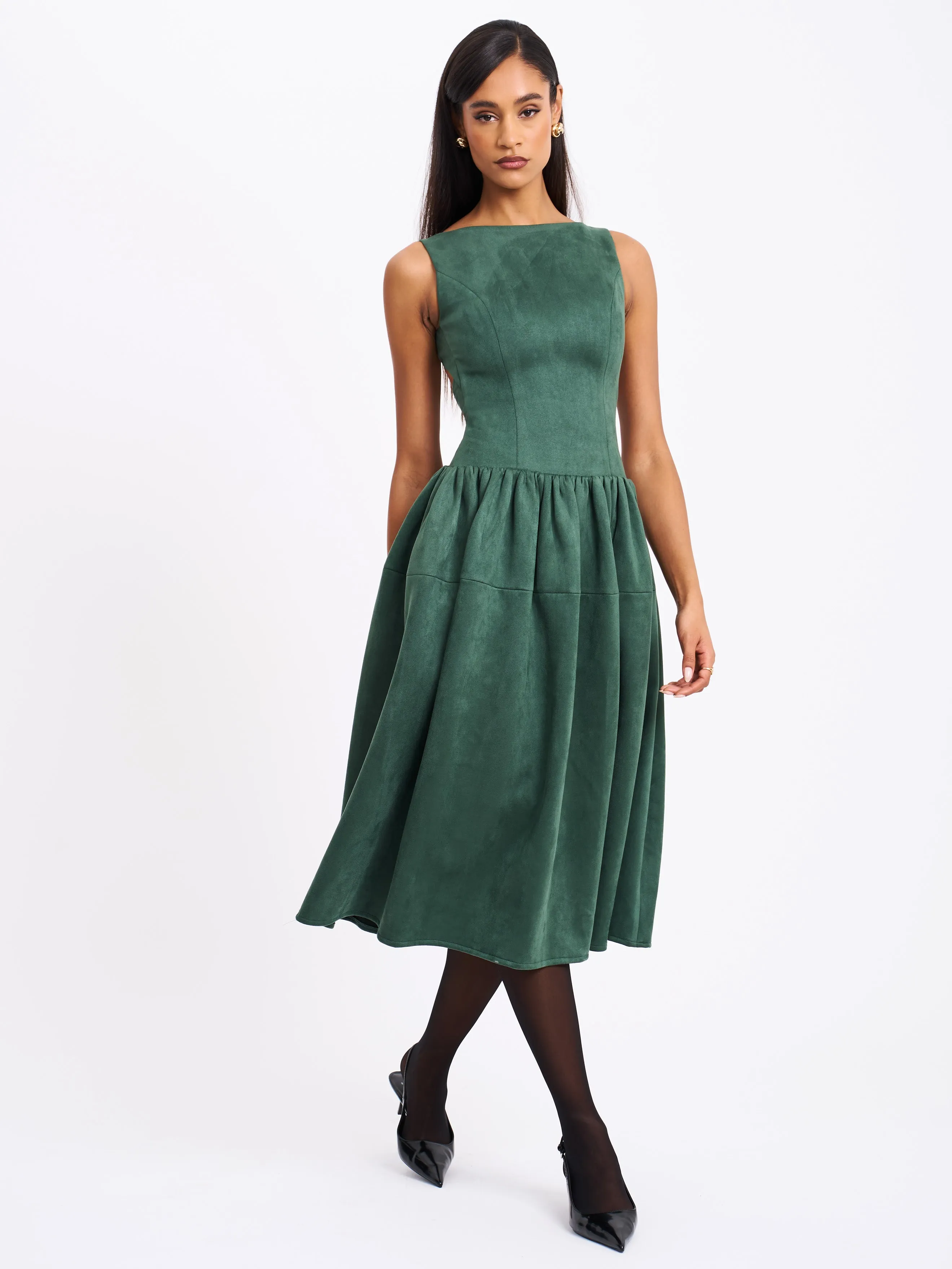 Laila Green Suede Boat Neck Backless Midi Dress