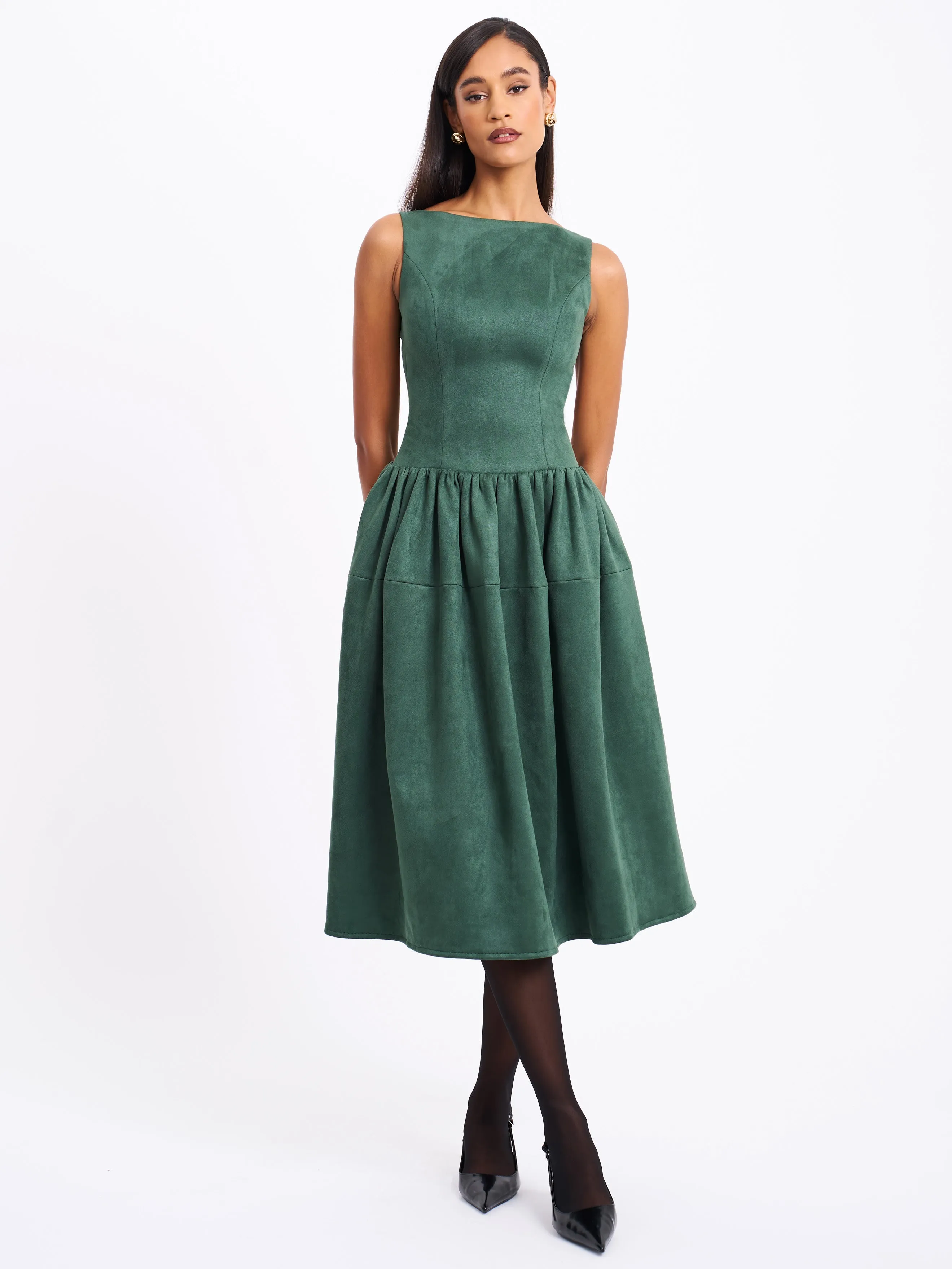 Laila Green Suede Boat Neck Backless Midi Dress