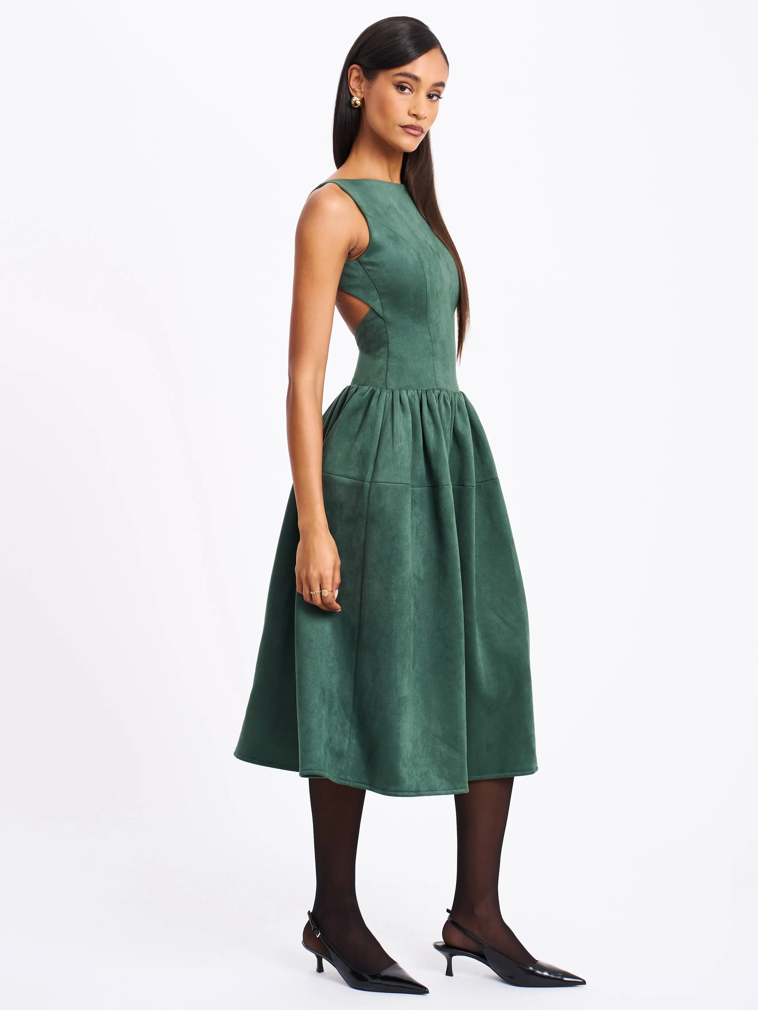 Laila Green Suede Boat Neck Backless Midi Dress