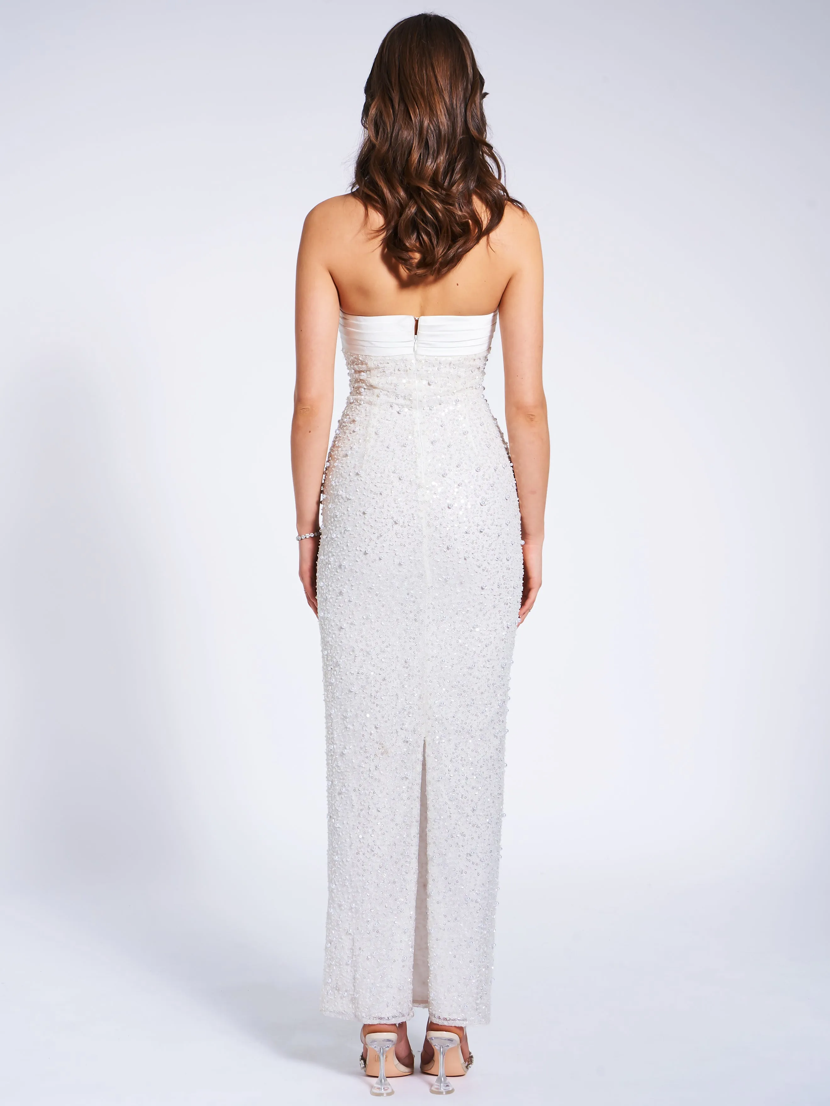 Lainey White Satin Sequin Pearls Beaded Maxi Dress