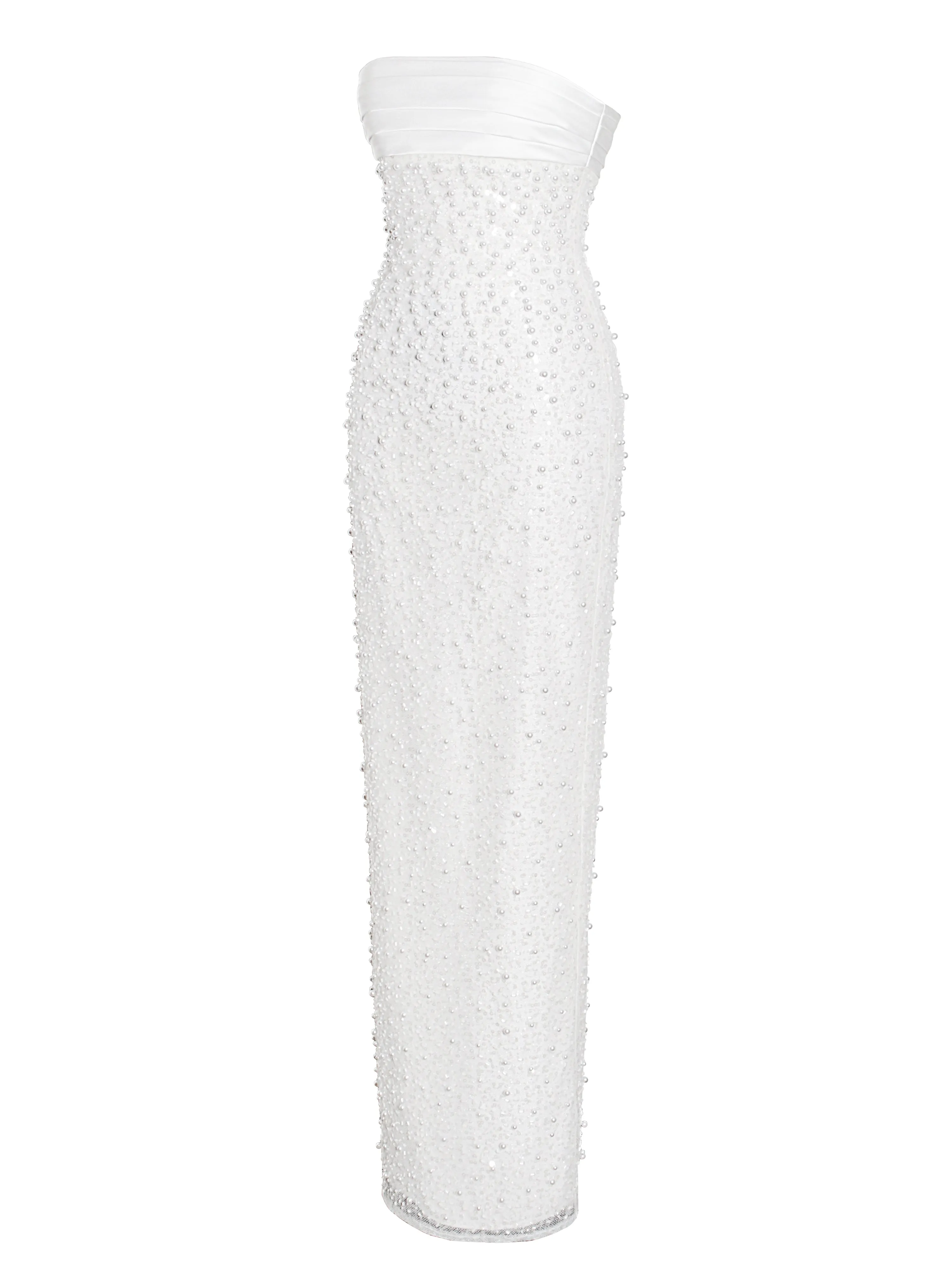 Lainey White Satin Sequin Pearls Beaded Maxi Dress