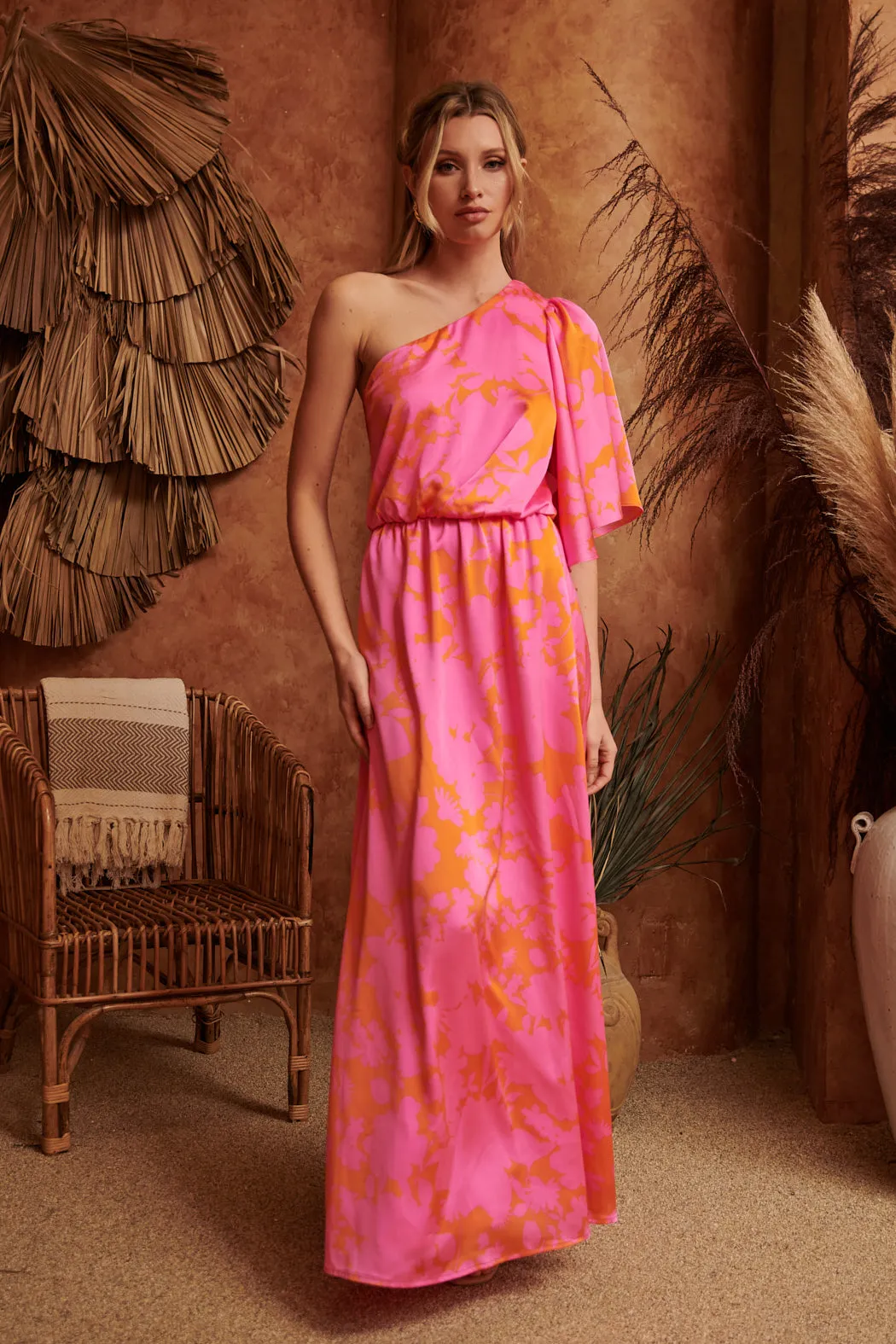 Lava Flow Meara One Shoulder Satin Maxi Dress