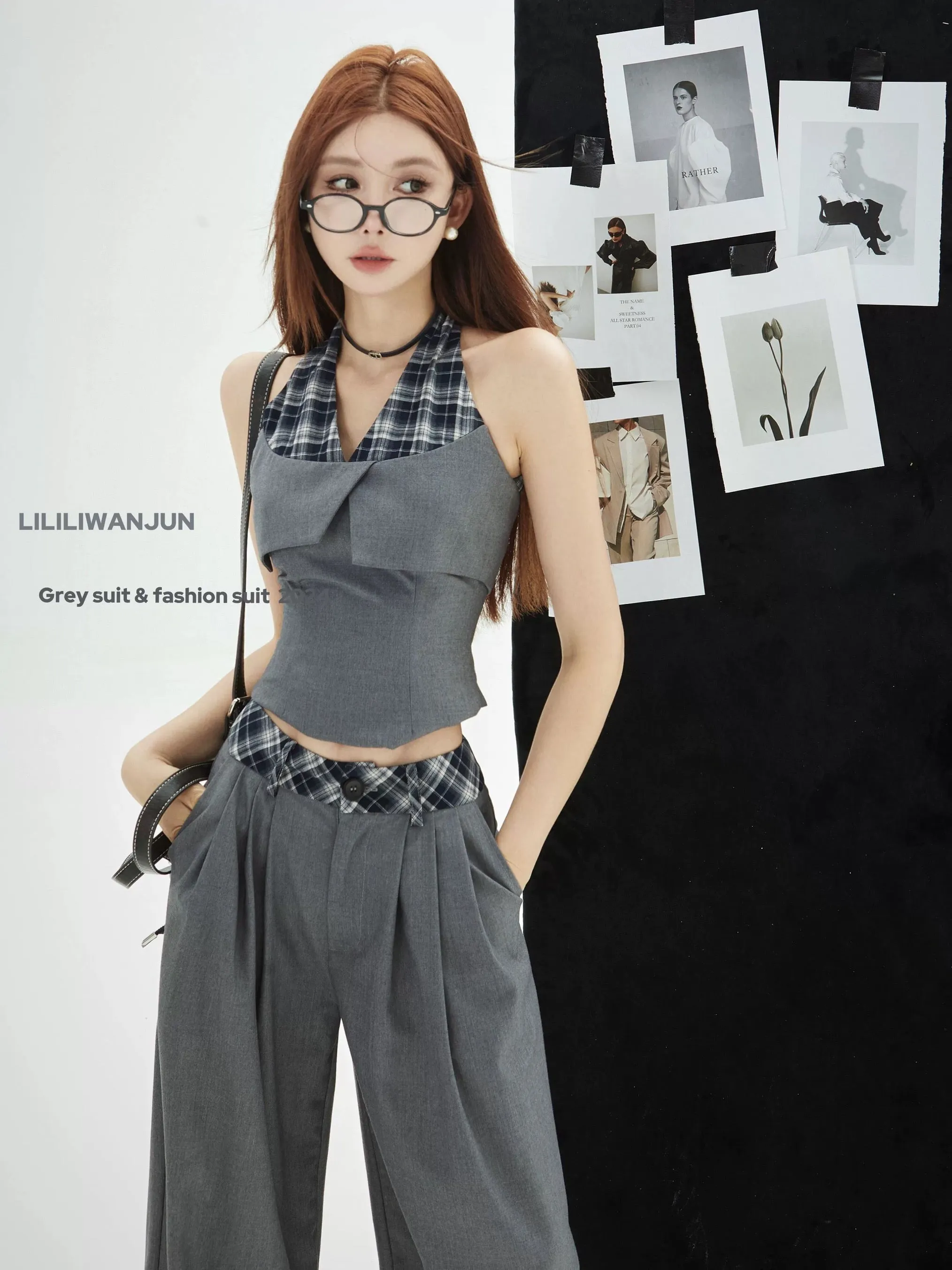 Li Wanjun spliced halter neck camisole women's summer Thai niche gray camisole top hot girl tube top