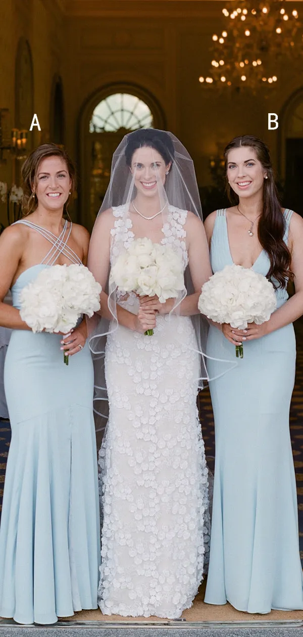 Light Blue Chiffon Mismatched Mermaid Simple Long Bridesmaid Dresses,DB136