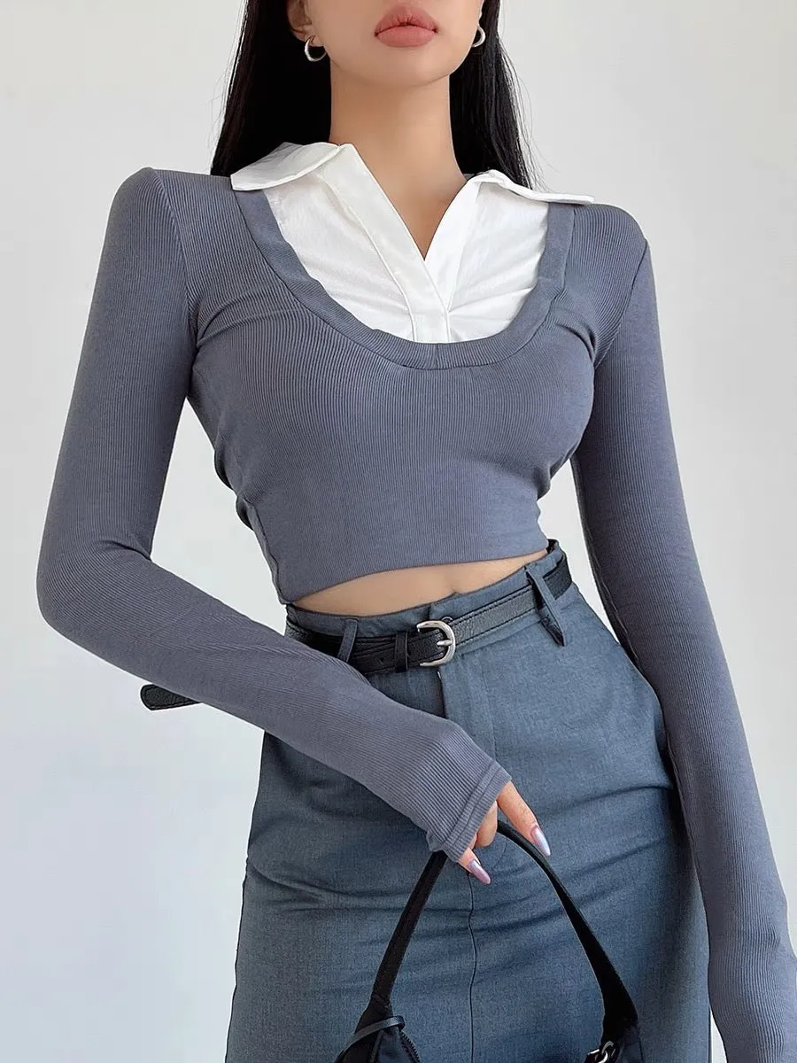 liviahome college style shirt collar fake two-piece top for women autumn hot girl tight short navel-baring long-sleeved T-shirt 