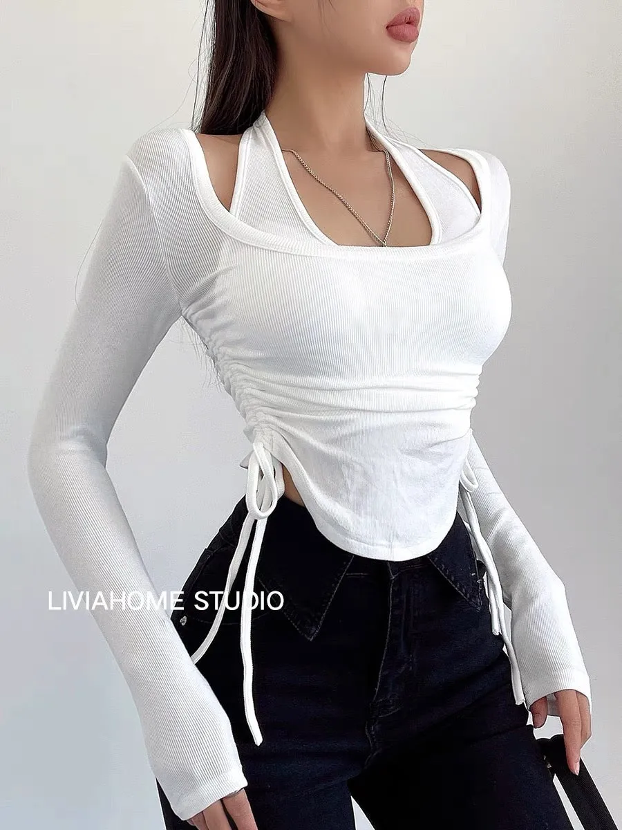 liviahome hot girl black halterneck long-sleeved T-shirt women's autumn tight short bottoming shirt top two-piece set (T192)