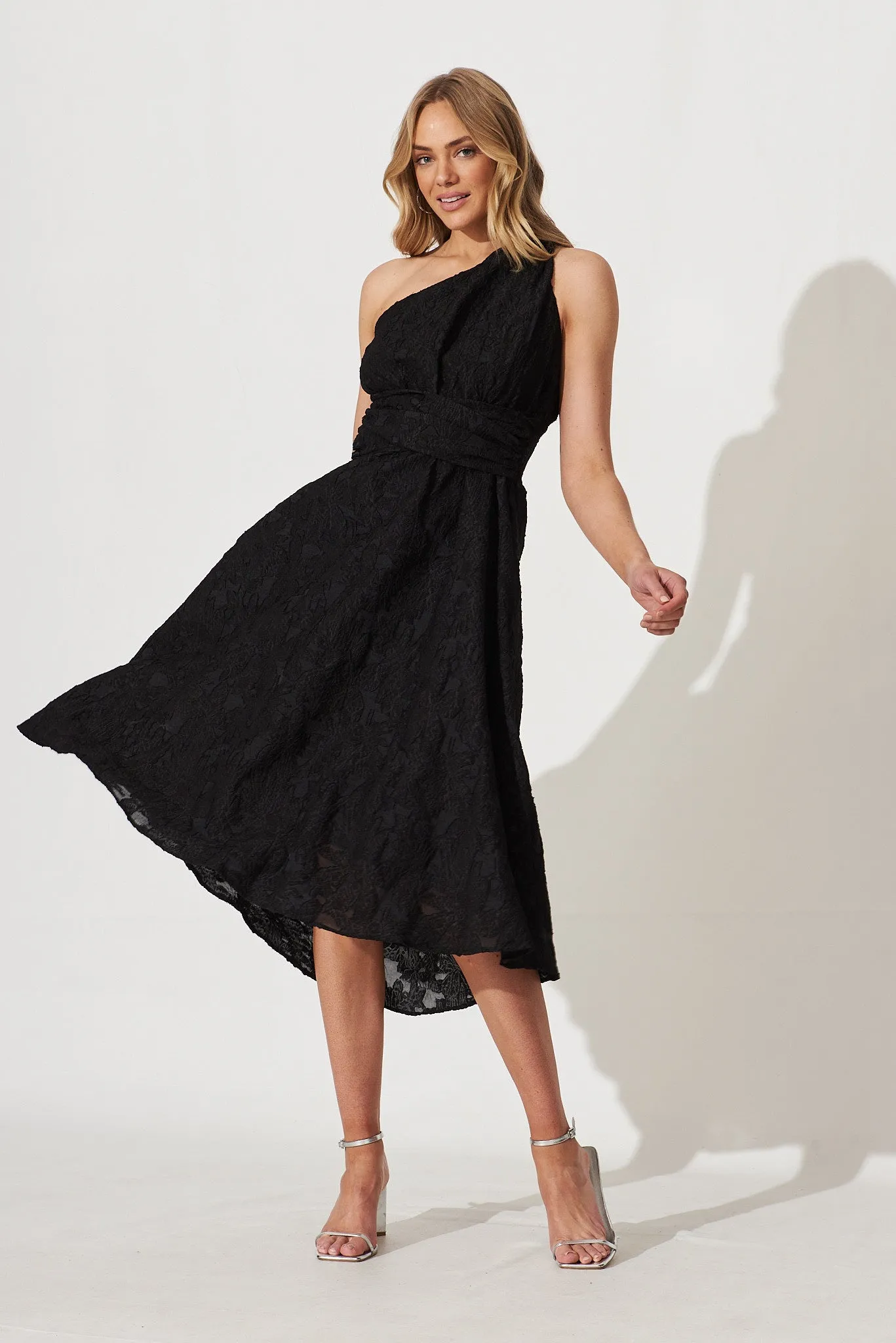 Majestic One Shoulder Midi Dress In Black Organza Burnout