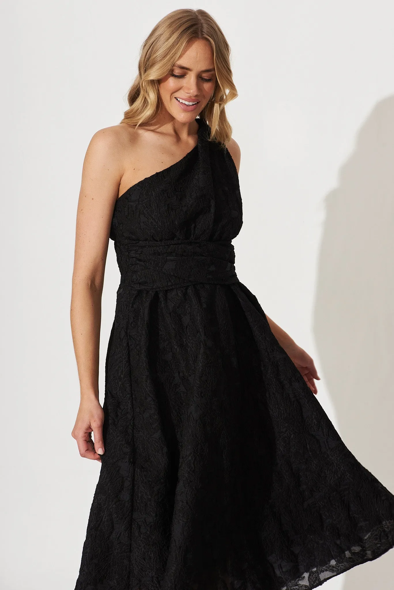 Majestic One Shoulder Midi Dress In Black Organza Burnout