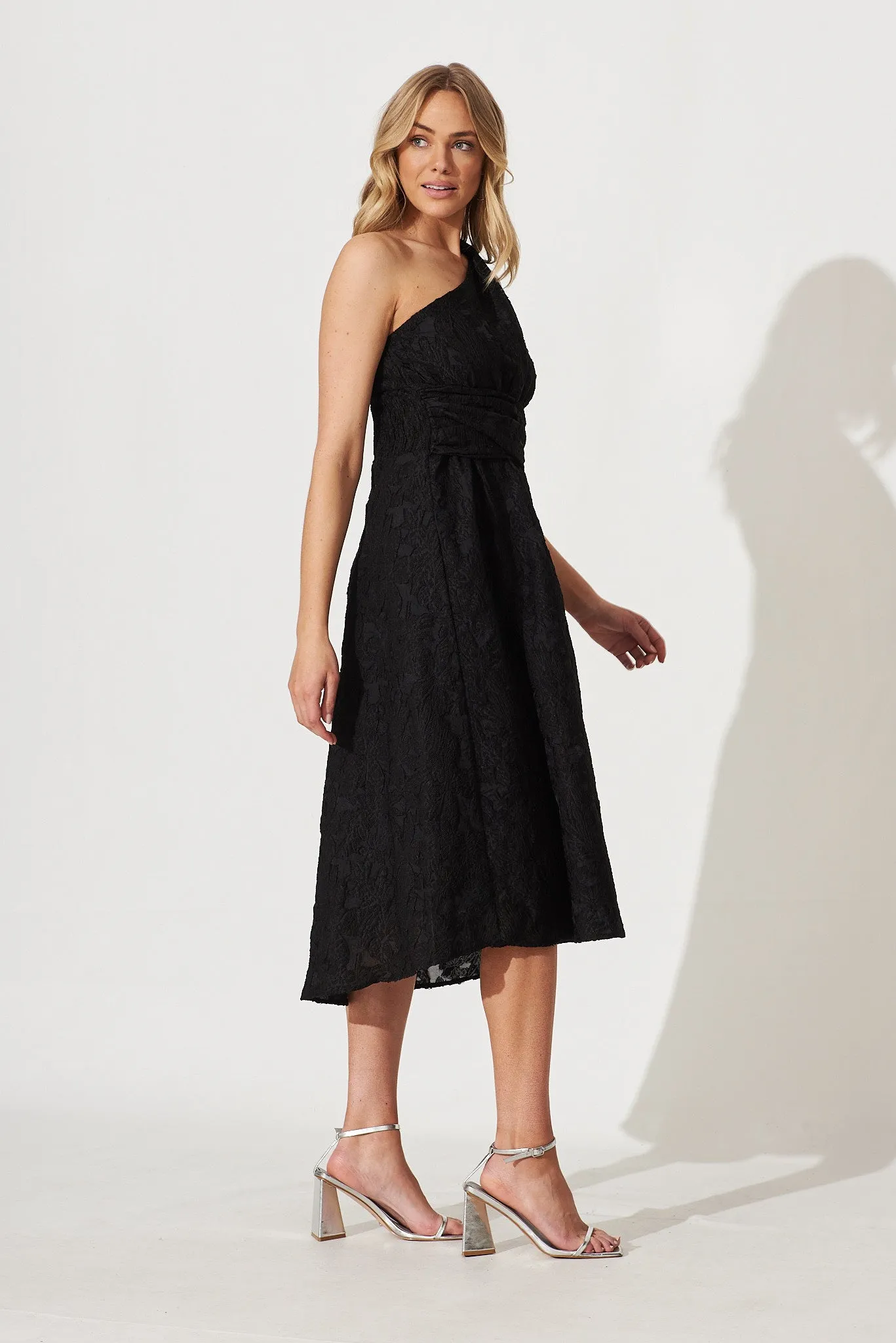 Majestic One Shoulder Midi Dress In Black Organza Burnout