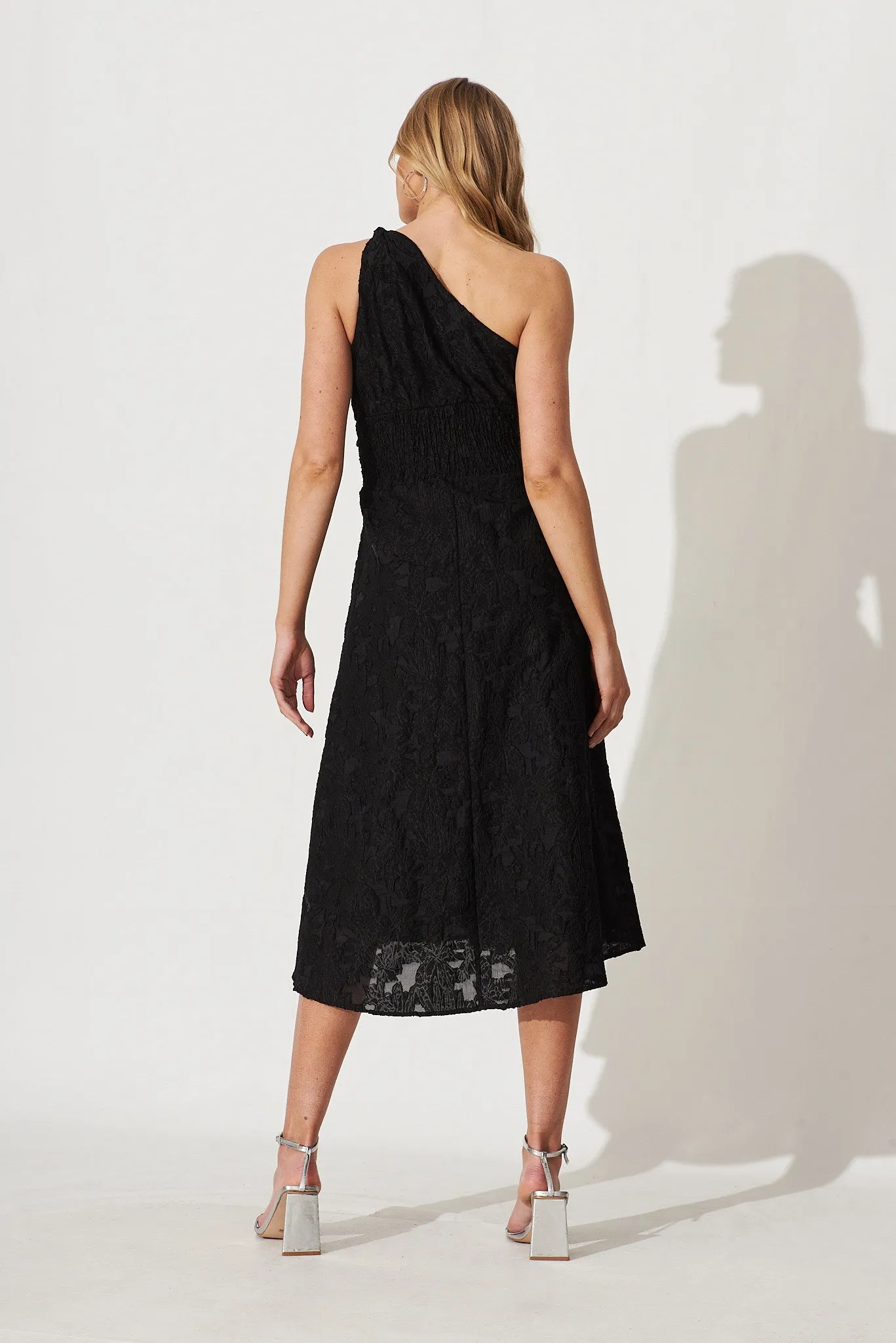 Majestic One Shoulder Midi Dress In Black Organza Burnout