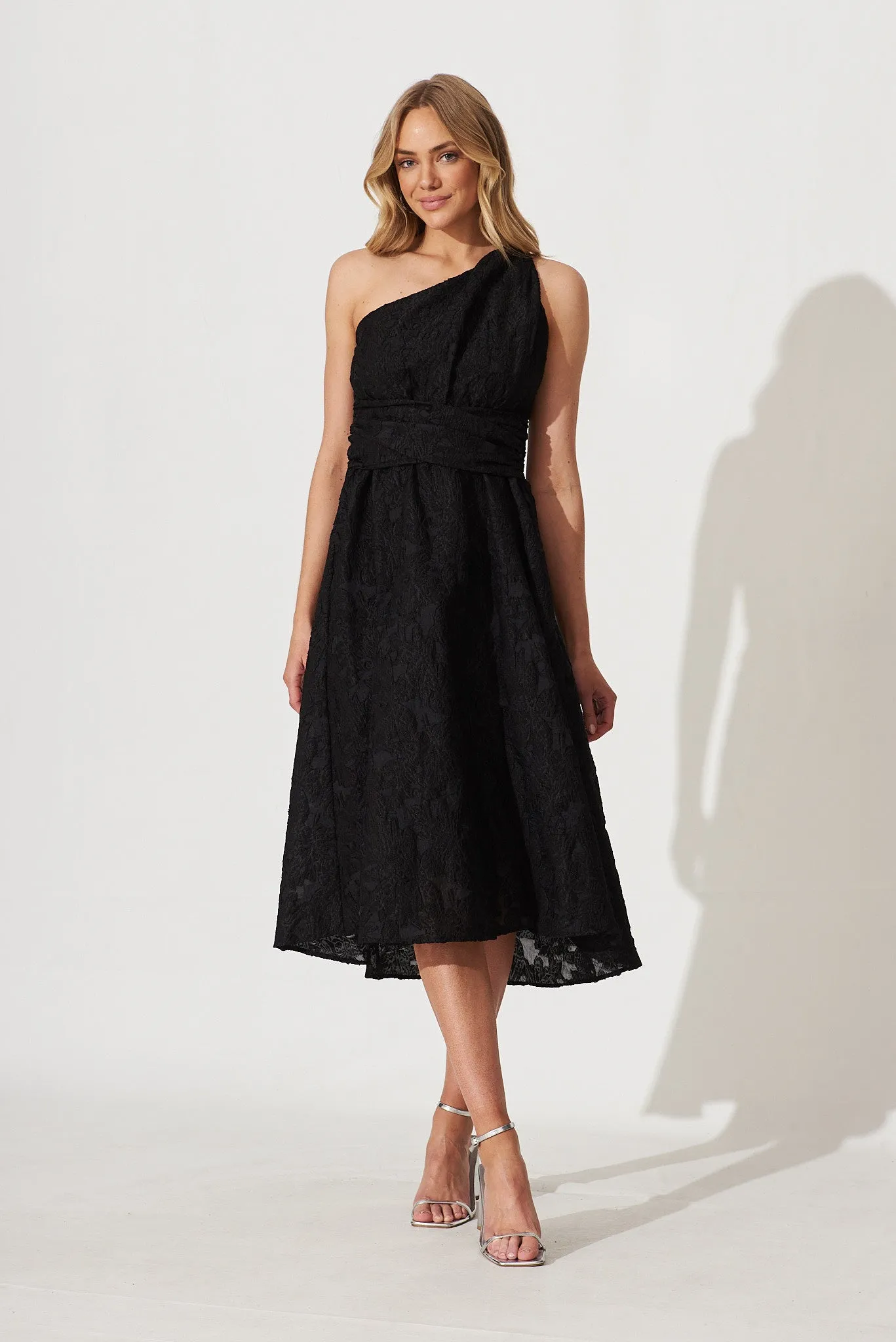 Majestic One Shoulder Midi Dress In Black Organza Burnout