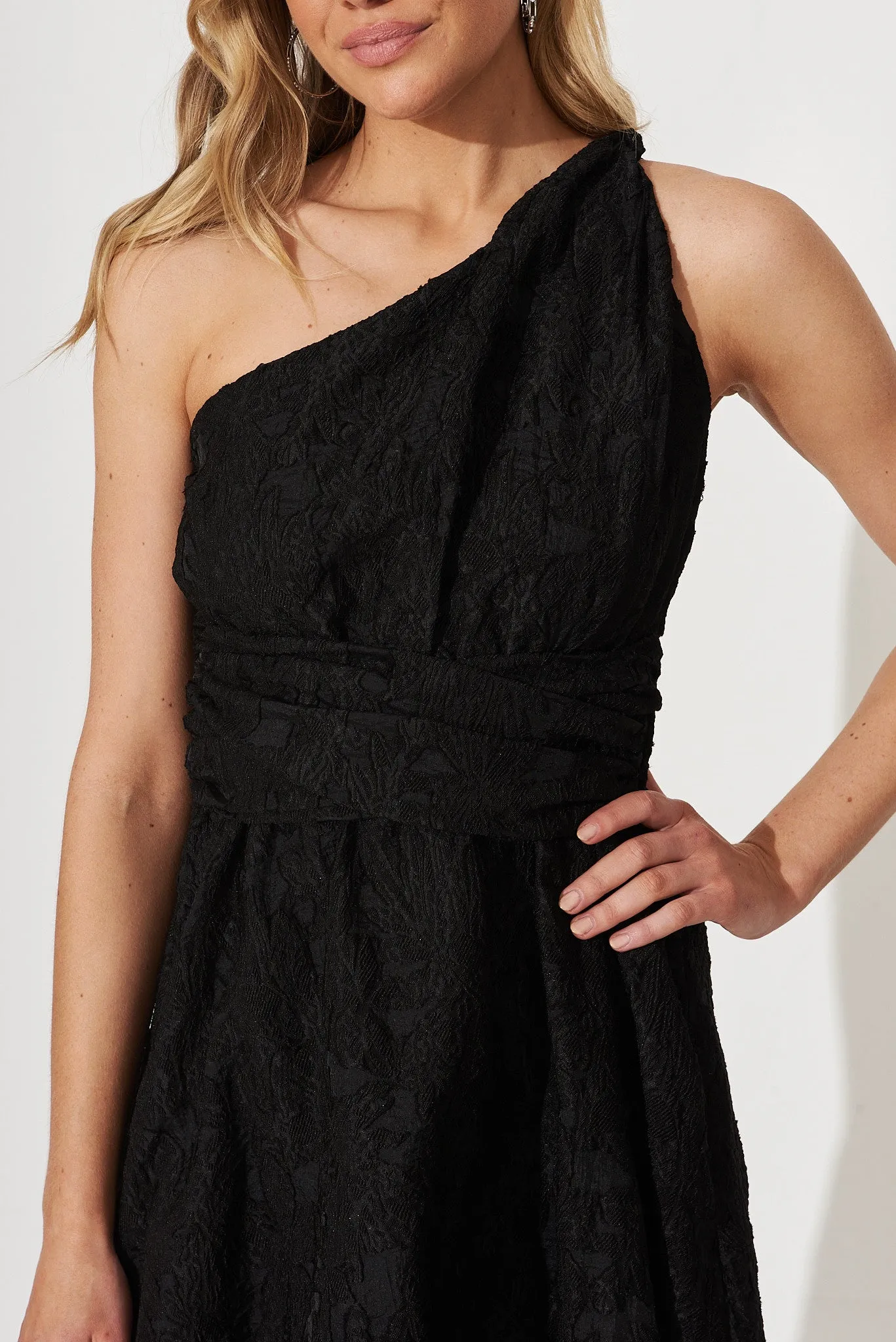 Majestic One Shoulder Midi Dress In Black Organza Burnout