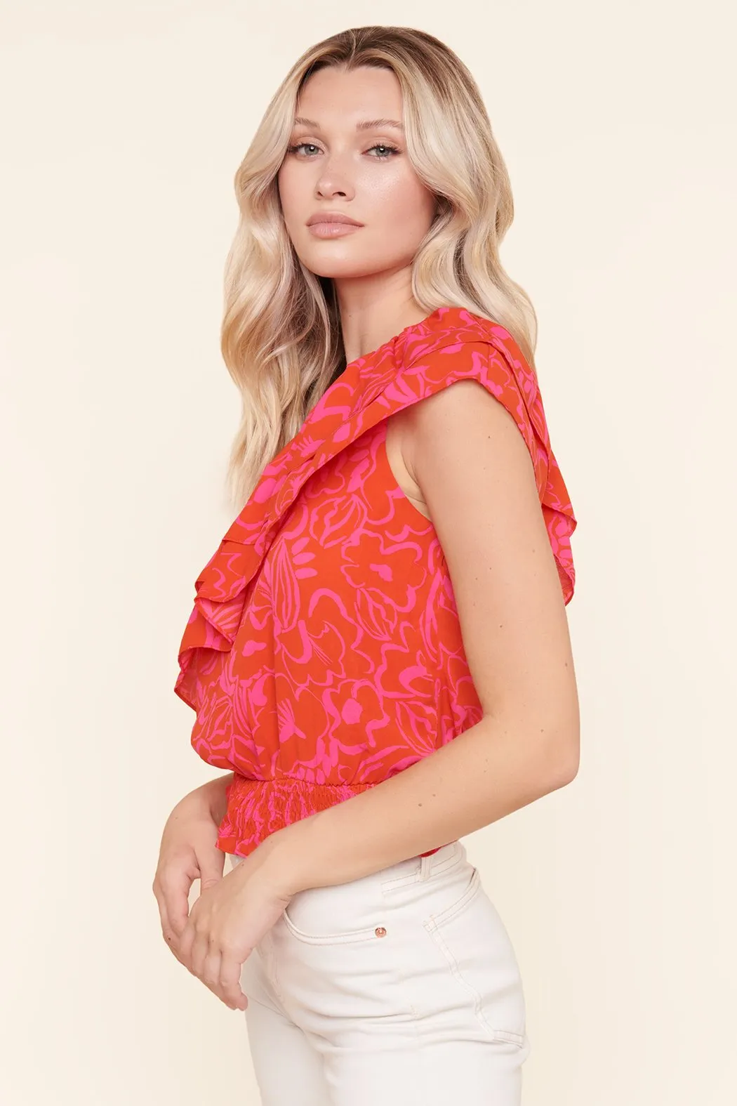 Malia Floral One Shoulder Ruffle Crop Top