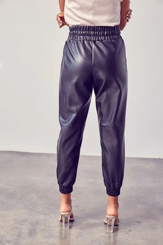 Matilde Smocked Faux Leather Joggers - Black