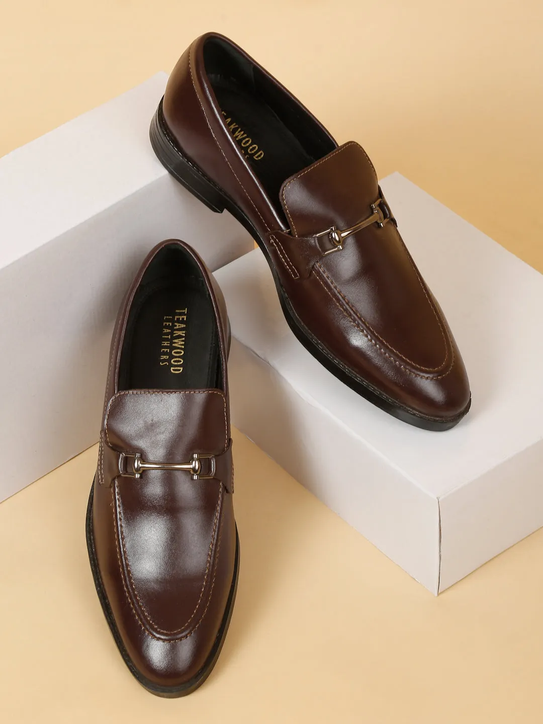 Men Brown Solid Leather Slip-On Formal Shoes