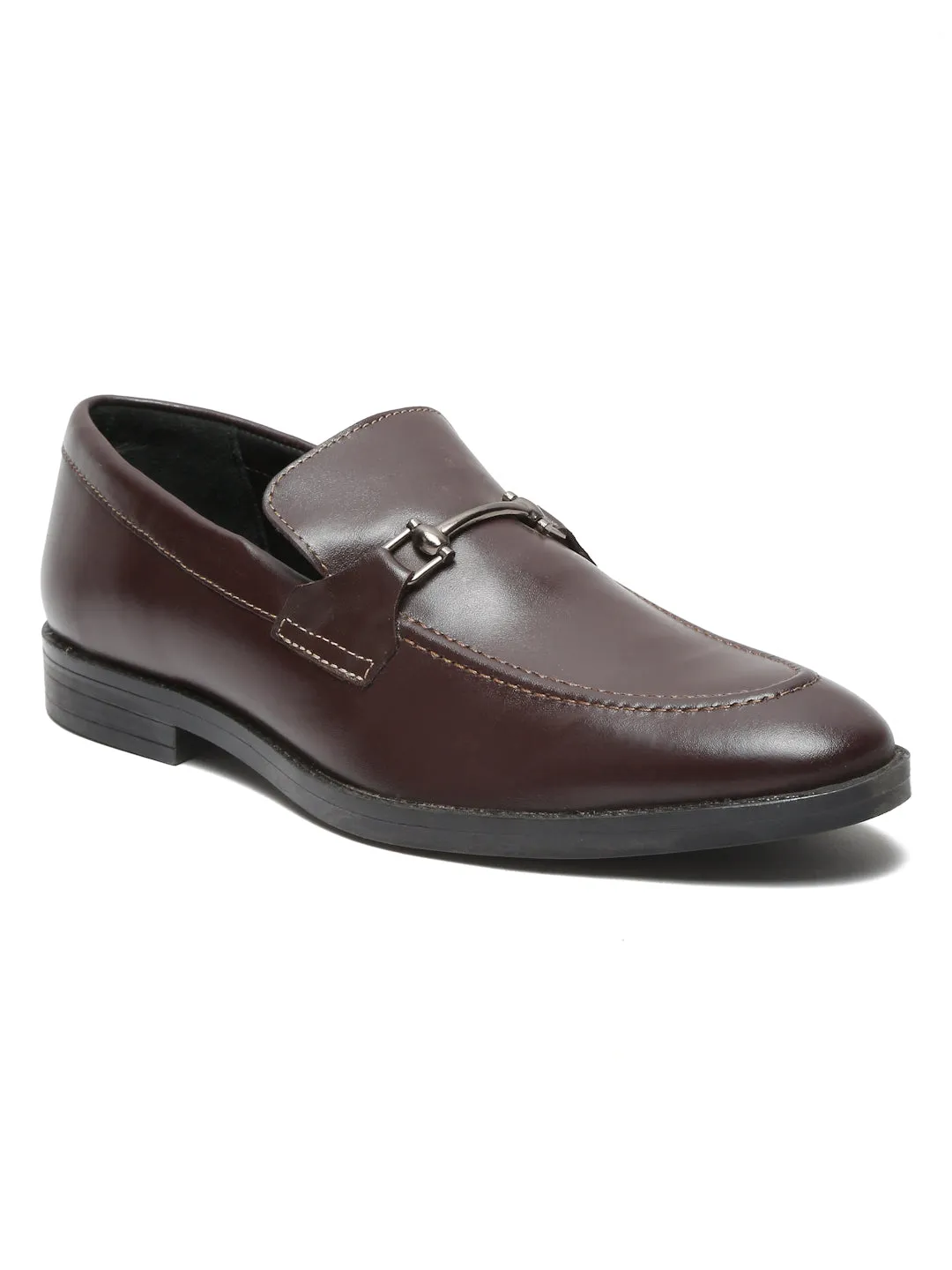 Men Brown Solid Leather Slip-On Formal Shoes