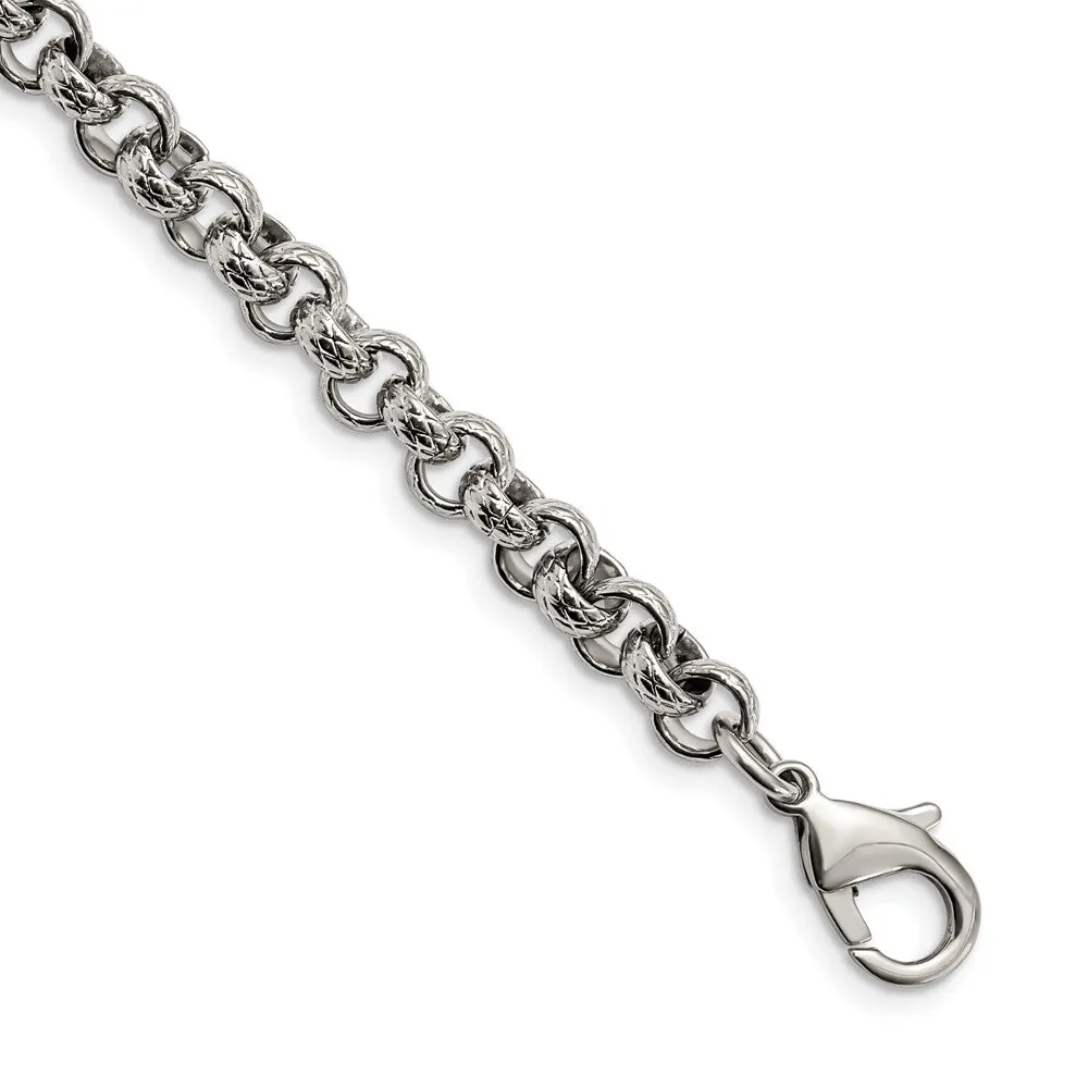 Men's 7mm Stainless Steel Textured Rolo Chain Bracelet, 8.25 Inch