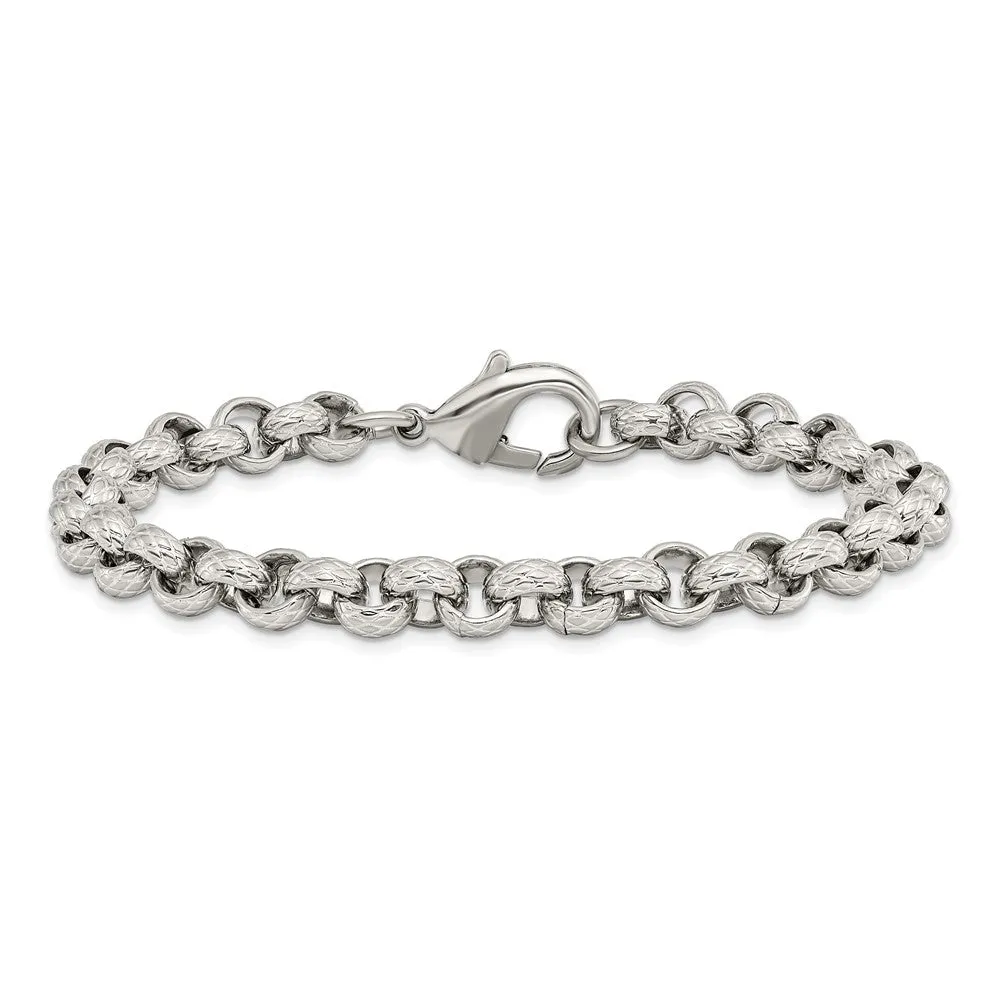 Men's 7mm Stainless Steel Textured Rolo Chain Bracelet, 8.25 Inch