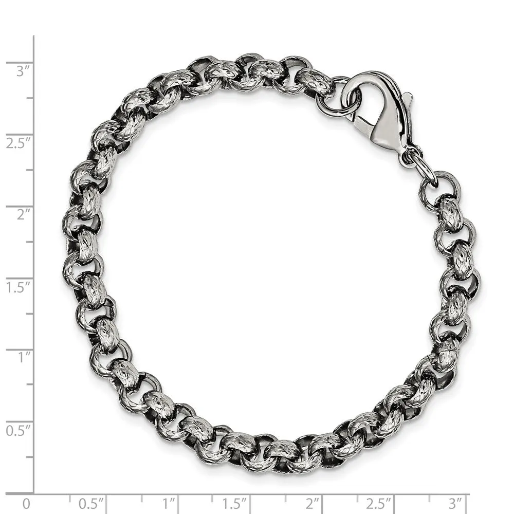 Men's 7mm Stainless Steel Textured Rolo Chain Bracelet, 8.25 Inch