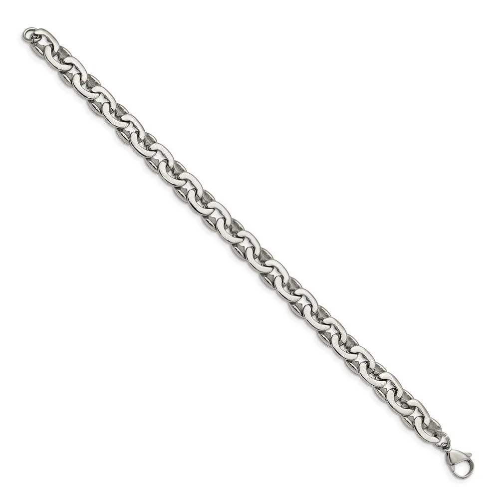 Men's 8mm Stainless Steel Fancy Oval Cable Chain Bracelet, 8.25 Inch