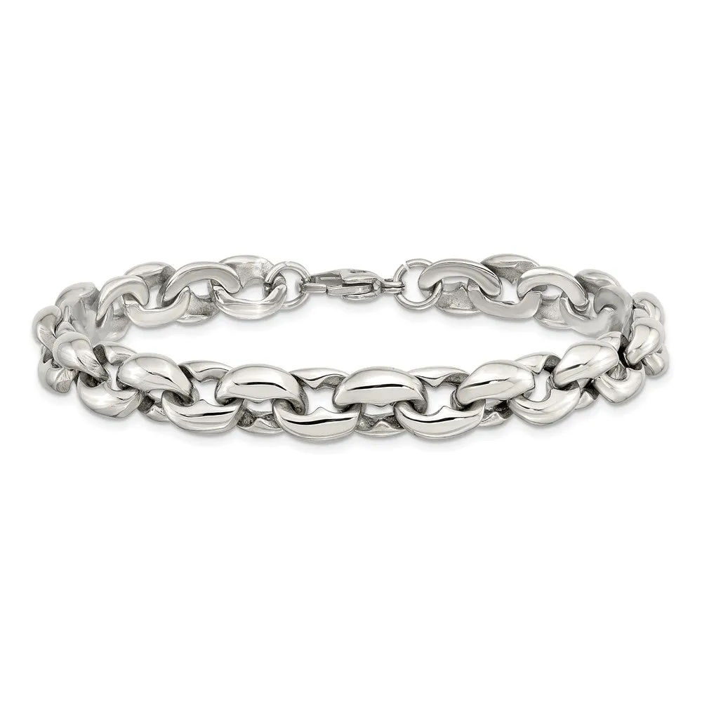 Men's 8mm Stainless Steel Fancy Oval Cable Chain Bracelet, 8.25 Inch