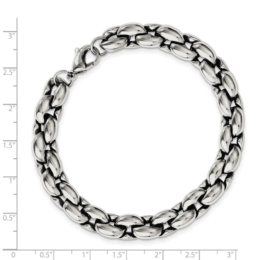 Men's 8mm Stainless Steel Fancy Oval Cable Chain Bracelet, 8.25 Inch