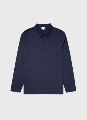 Men's Brushed Cotton Long Sleeve Polo Shirt in Navy