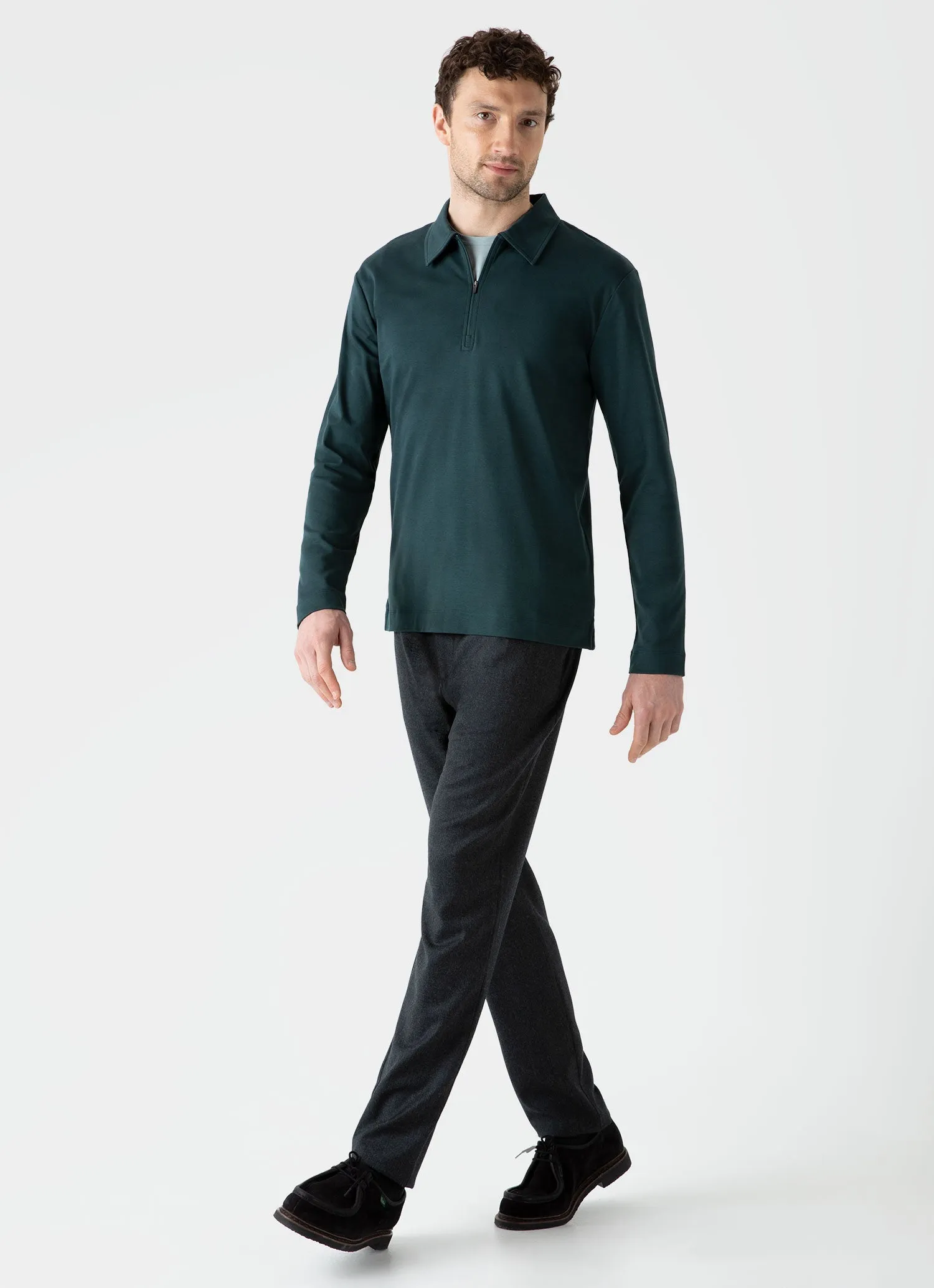 Men's Brushed Cotton Long Sleeve Polo Shirt in Peacock