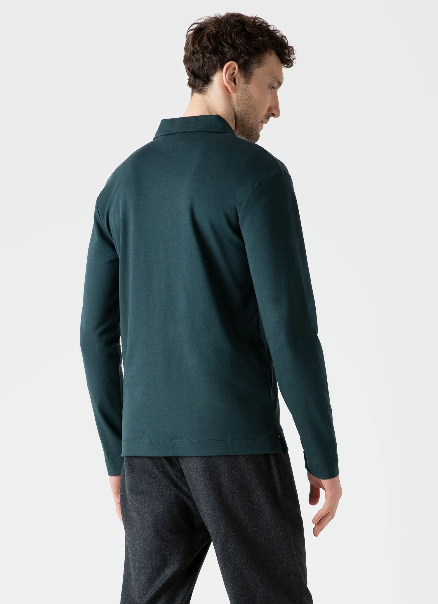 Men's Brushed Cotton Long Sleeve Polo Shirt in Peacock