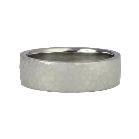 White Gold Hammered Men's Band - Straight Edge