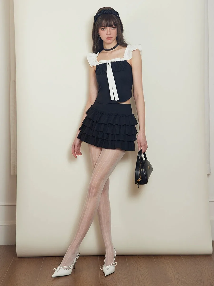 Mess Studio summer hot girl short skirt one-shoulder top black cake skirt women's dress two-piece set